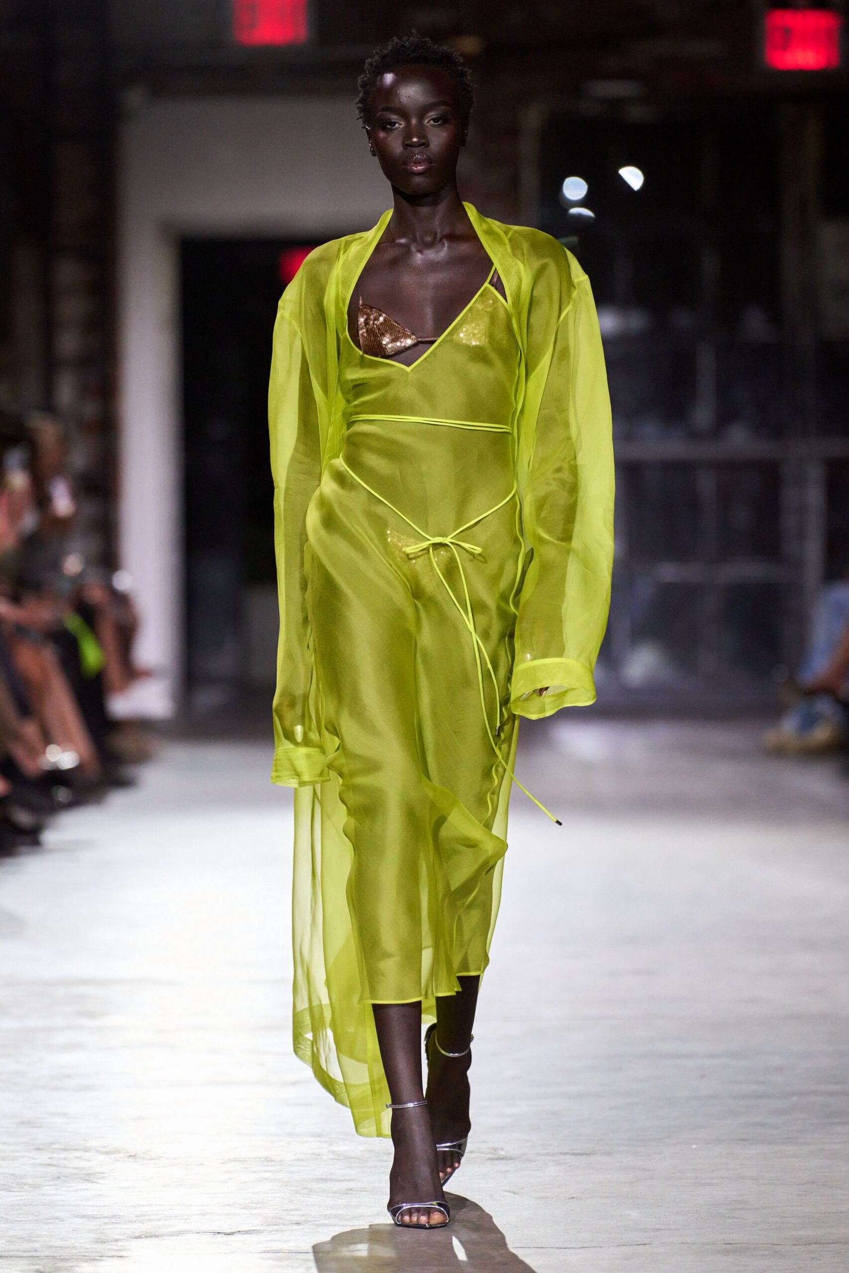 sheer green midi dress with clear shoes