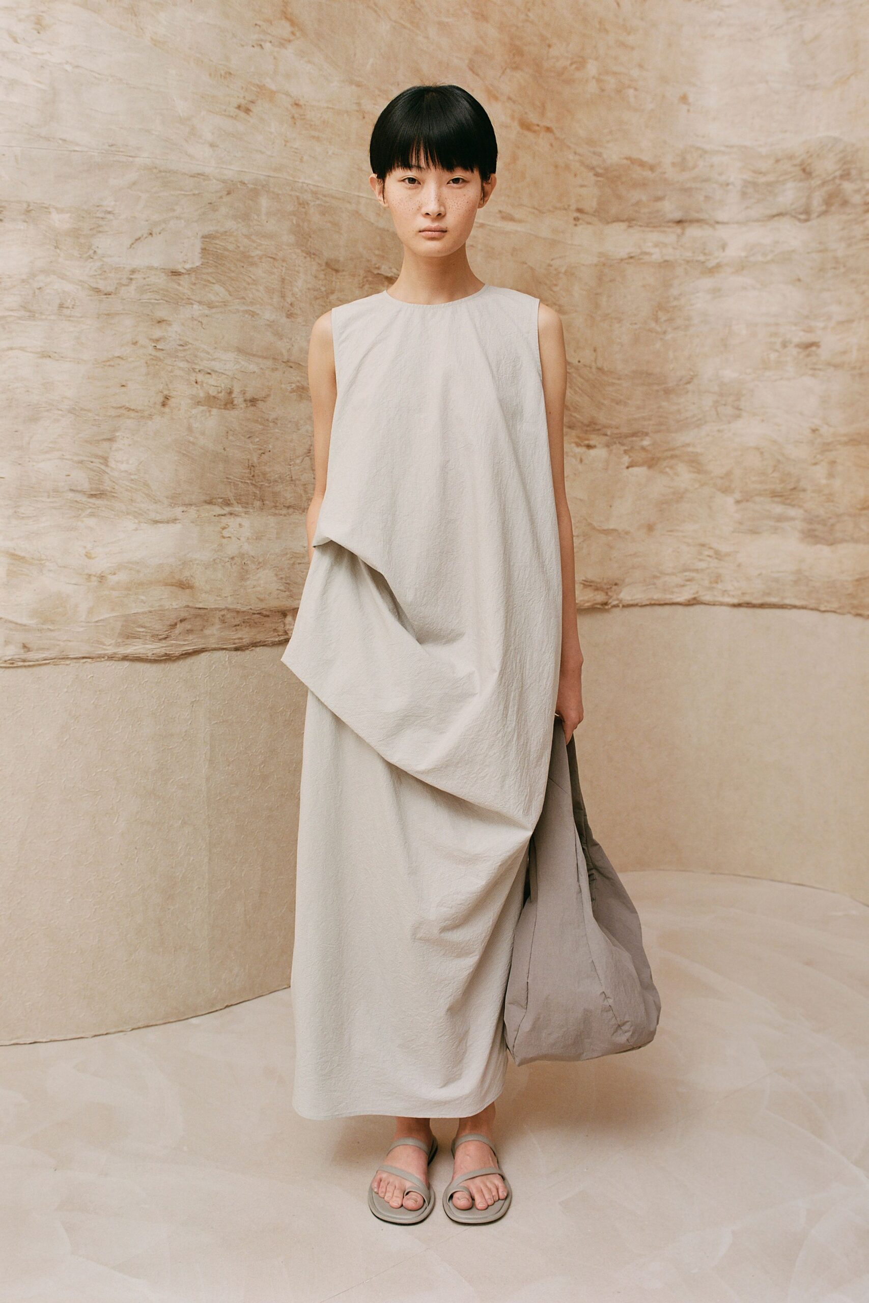 gray cotton sleeveless high-neck relaxed draped maxi dress