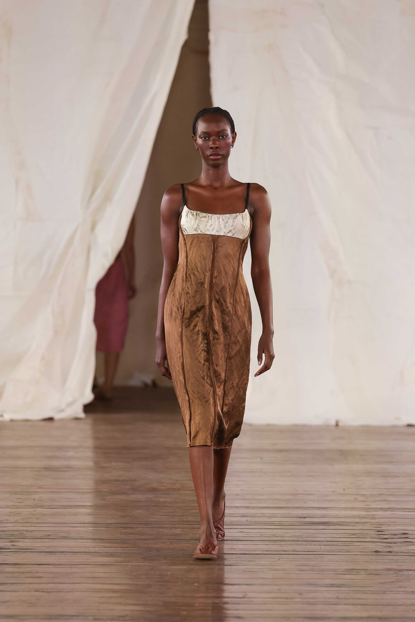 brown silk sleeveless midi dress