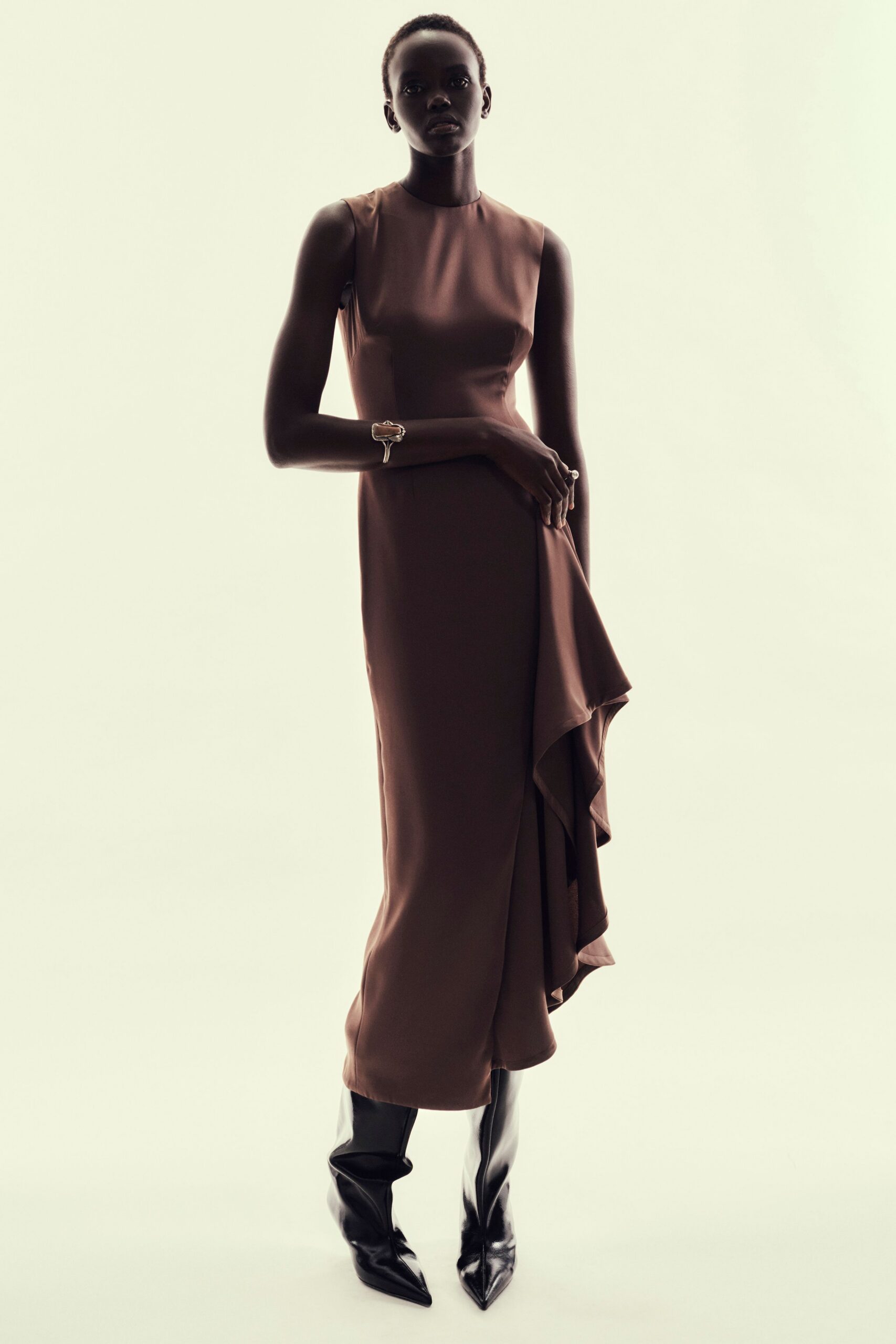 brown silk sleeveless high-neck fitted draped midi gown
