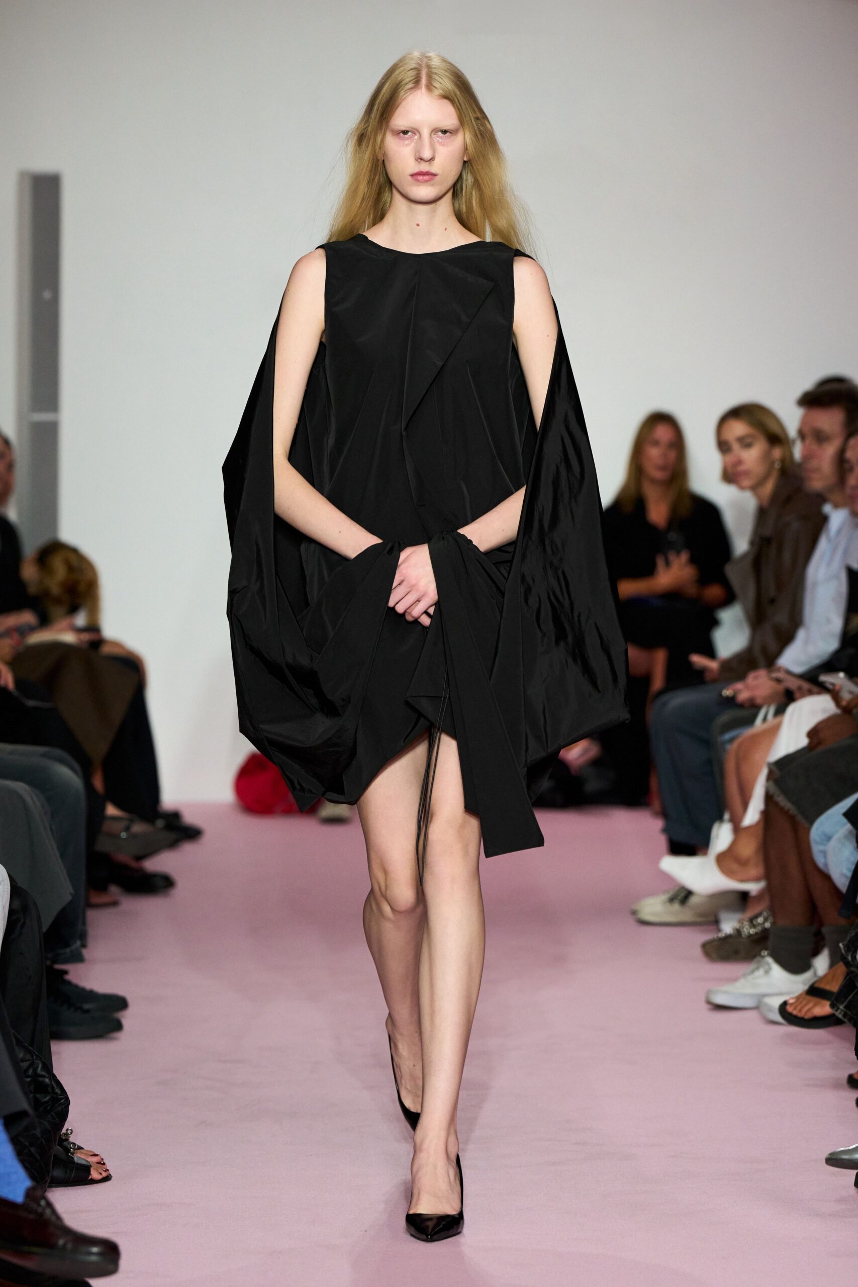 black silk sleeveless v-neck fitted draped mini dress