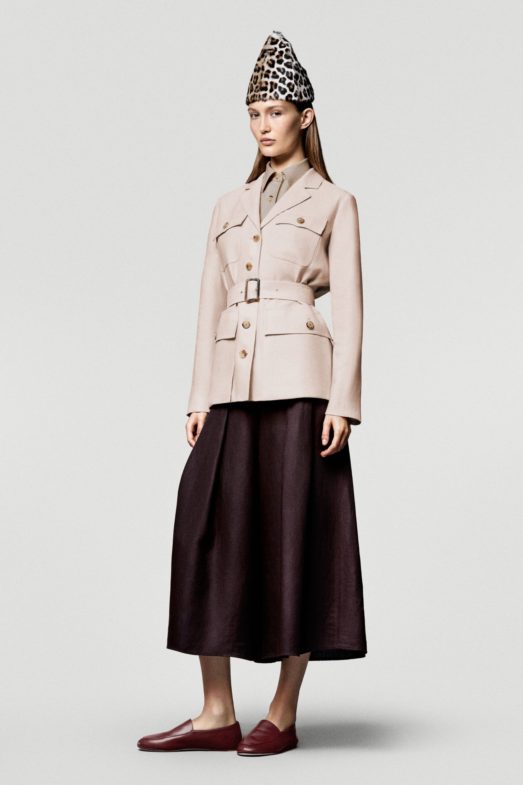 beige cotton long-sleeve collared tailored buttoned belted jacket