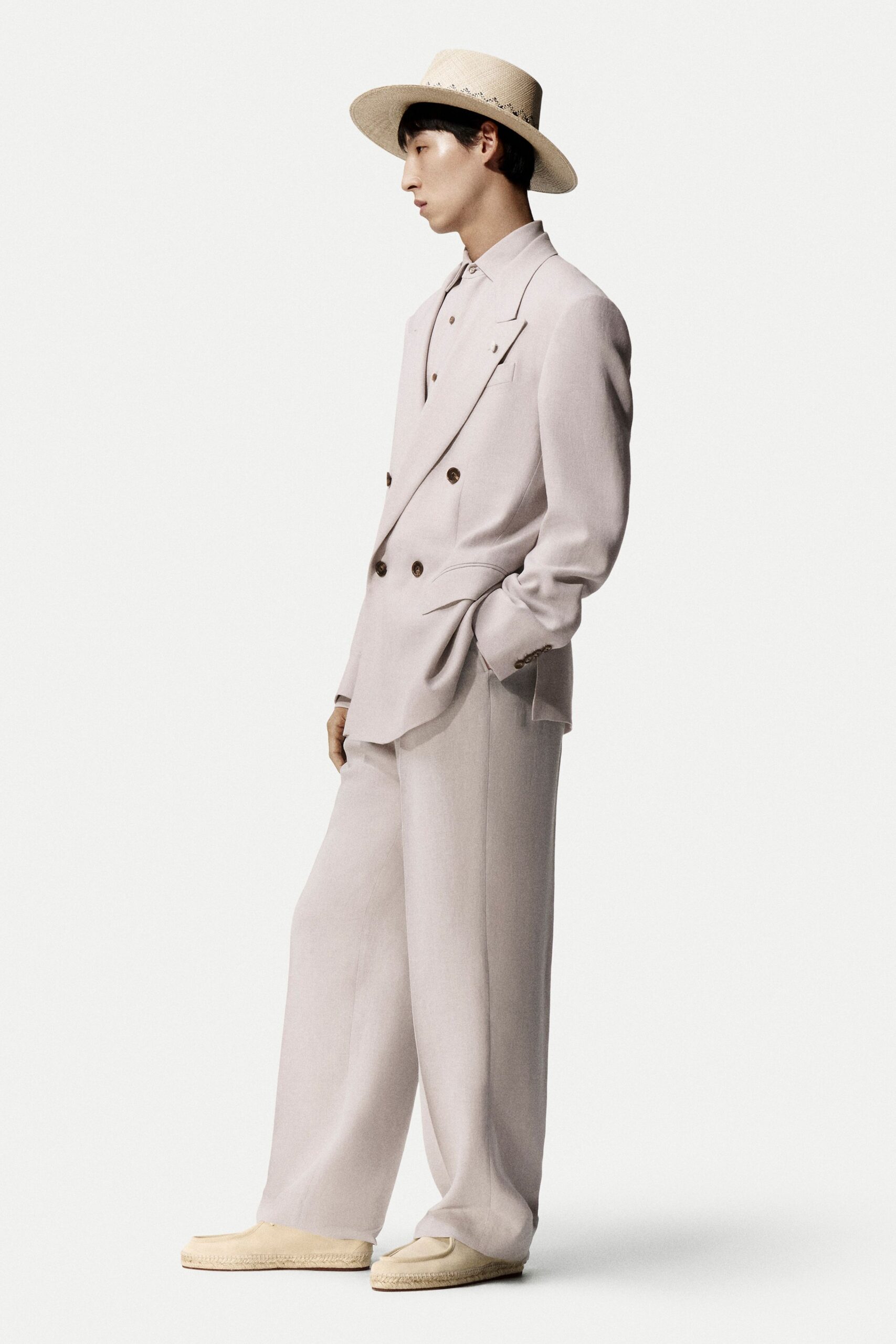 beige linen long-sleeve collared tailored buttoned suit