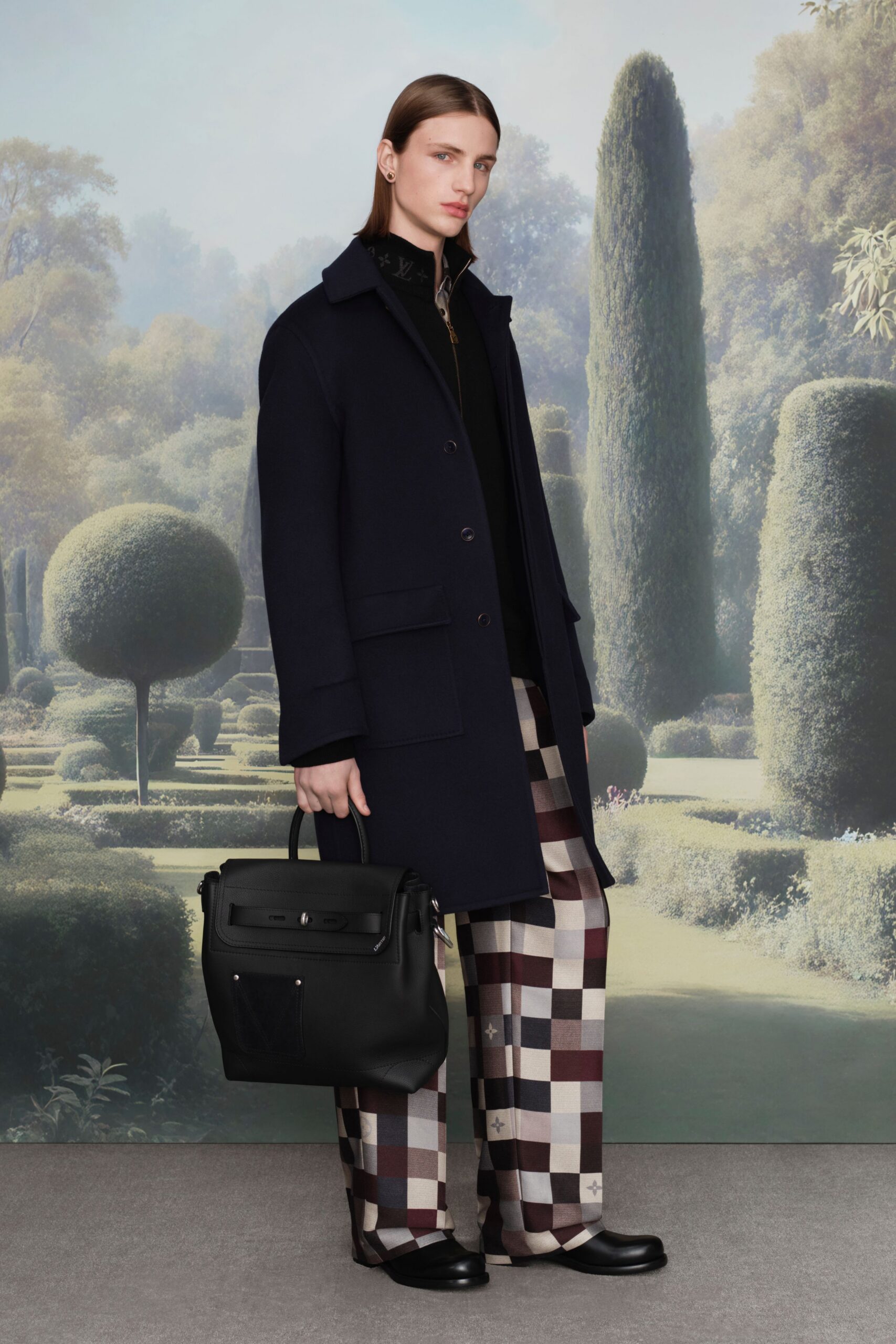 blue wool long-sleeve collared structured buttoned coat