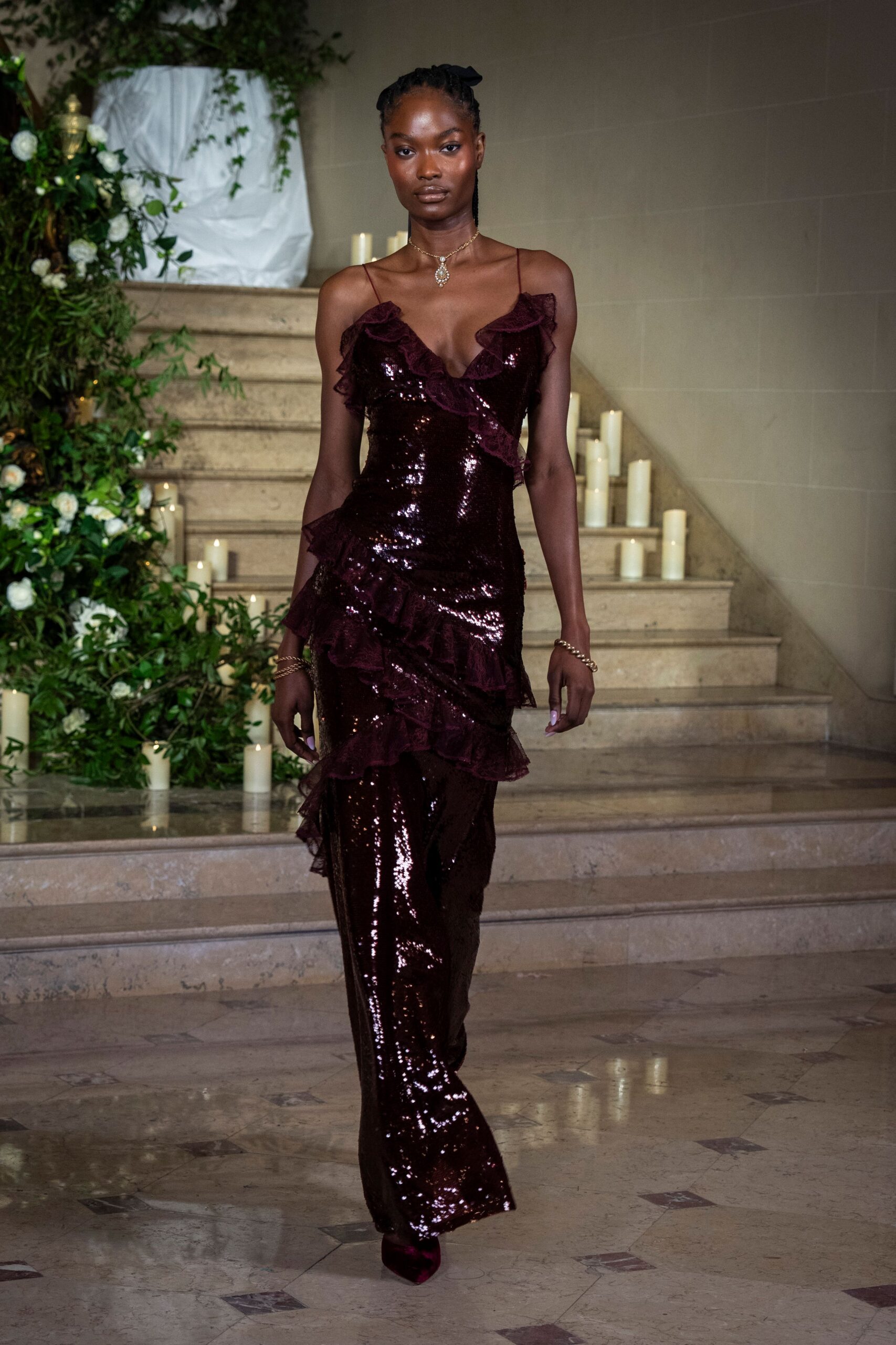 maroon sequin sleeveless v-neck fitted ruffled layered gown