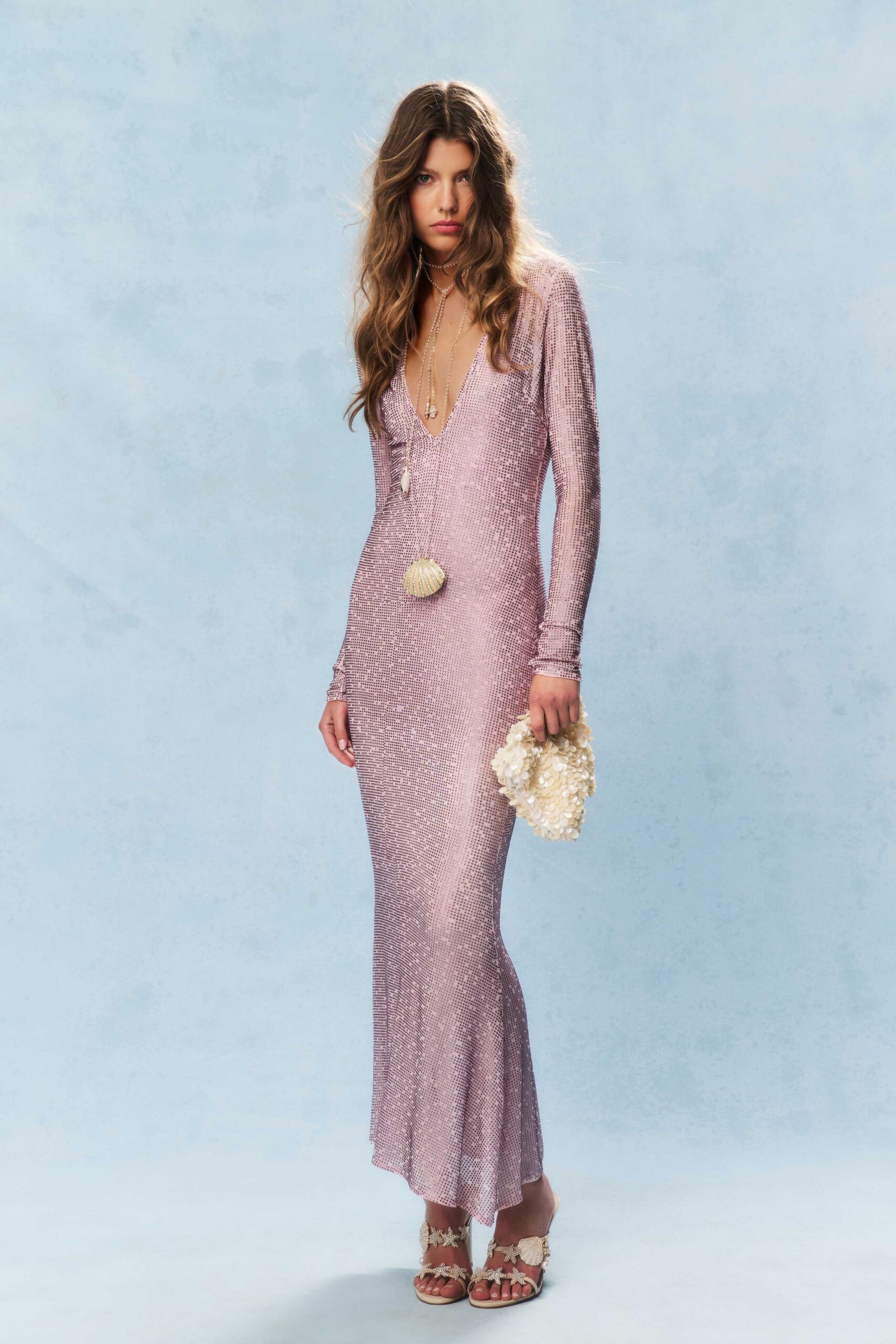 pink silk long-sleeve v-neck fitted sequined flared gown