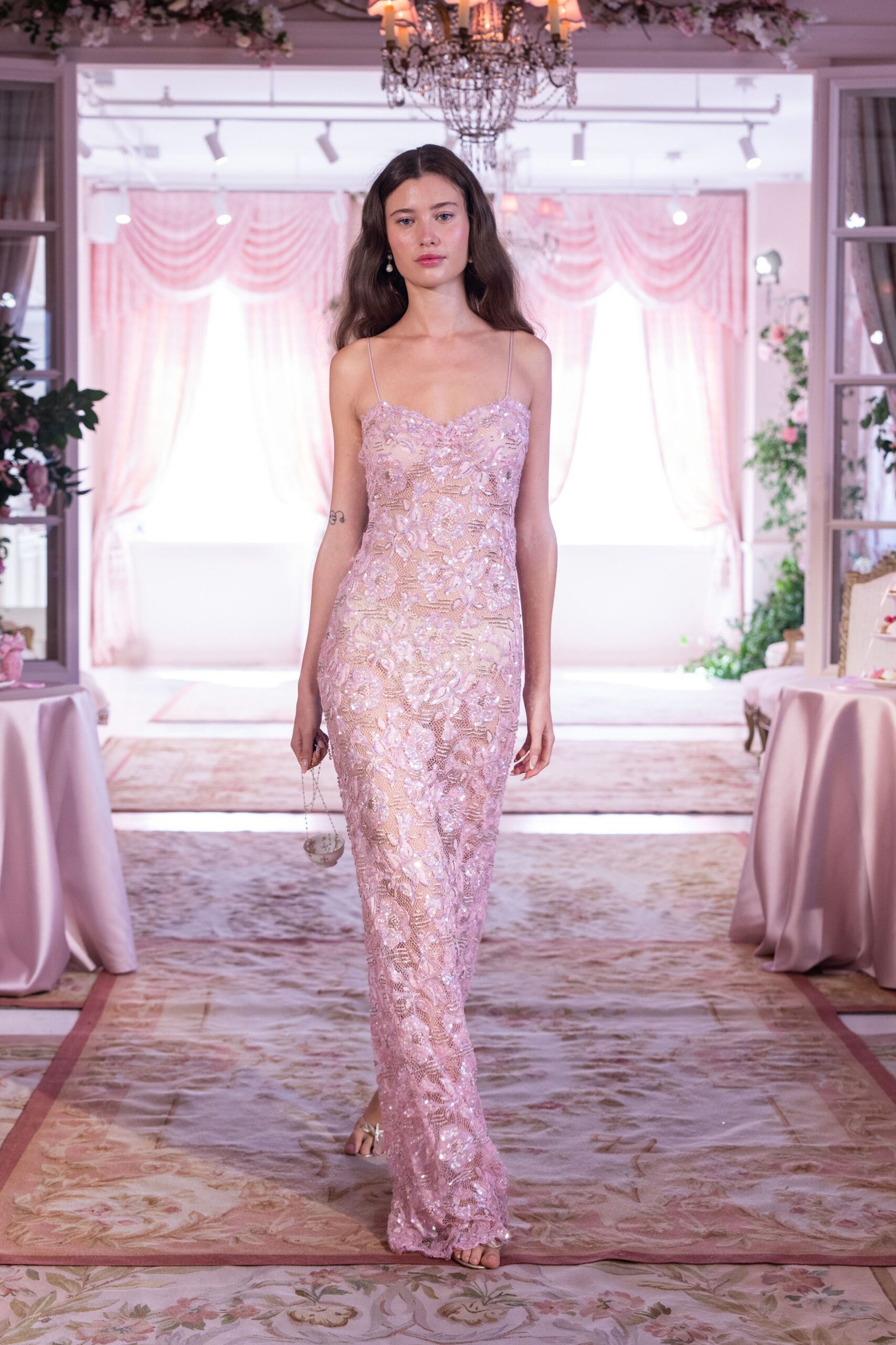 pink silk embroidered gown
