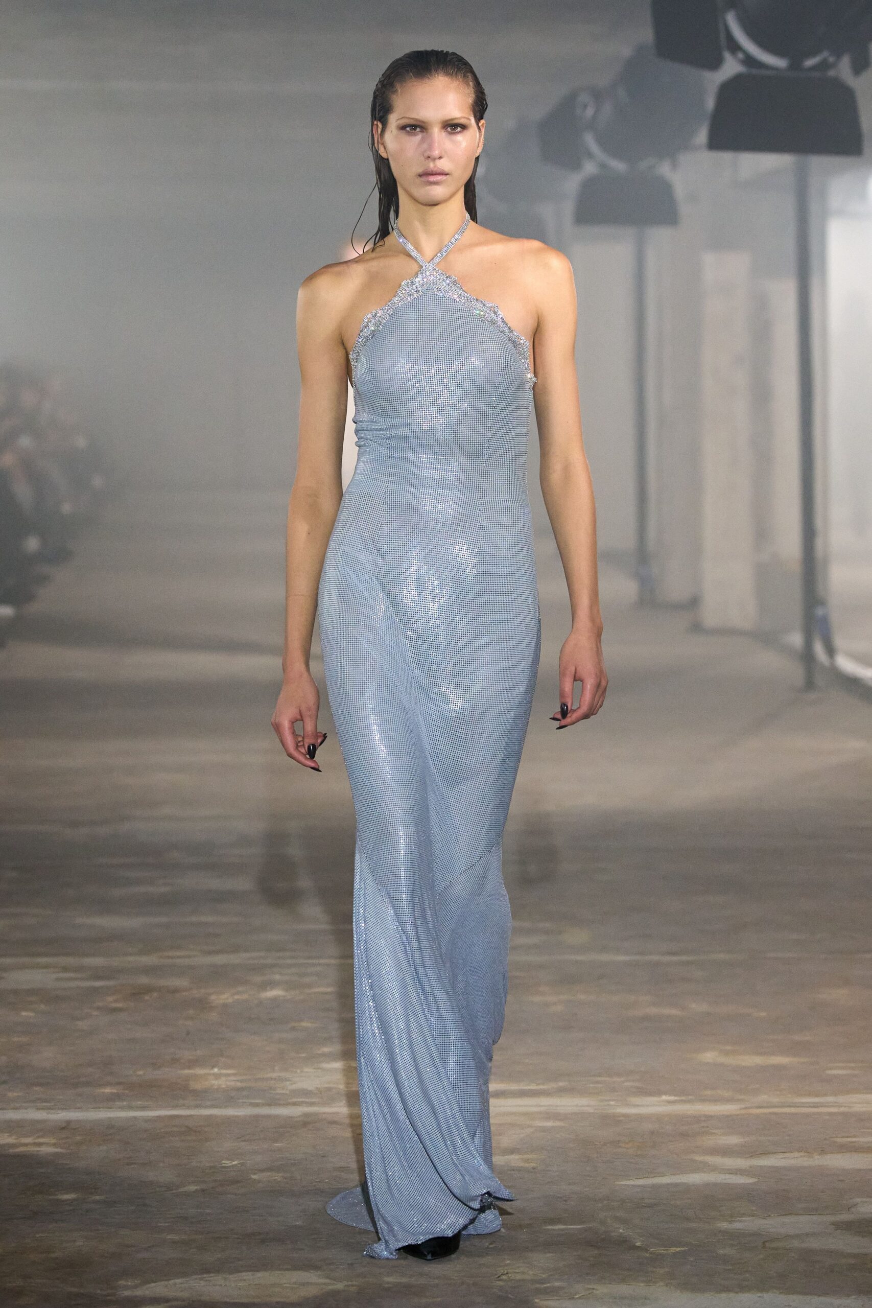fitted blue silk gown