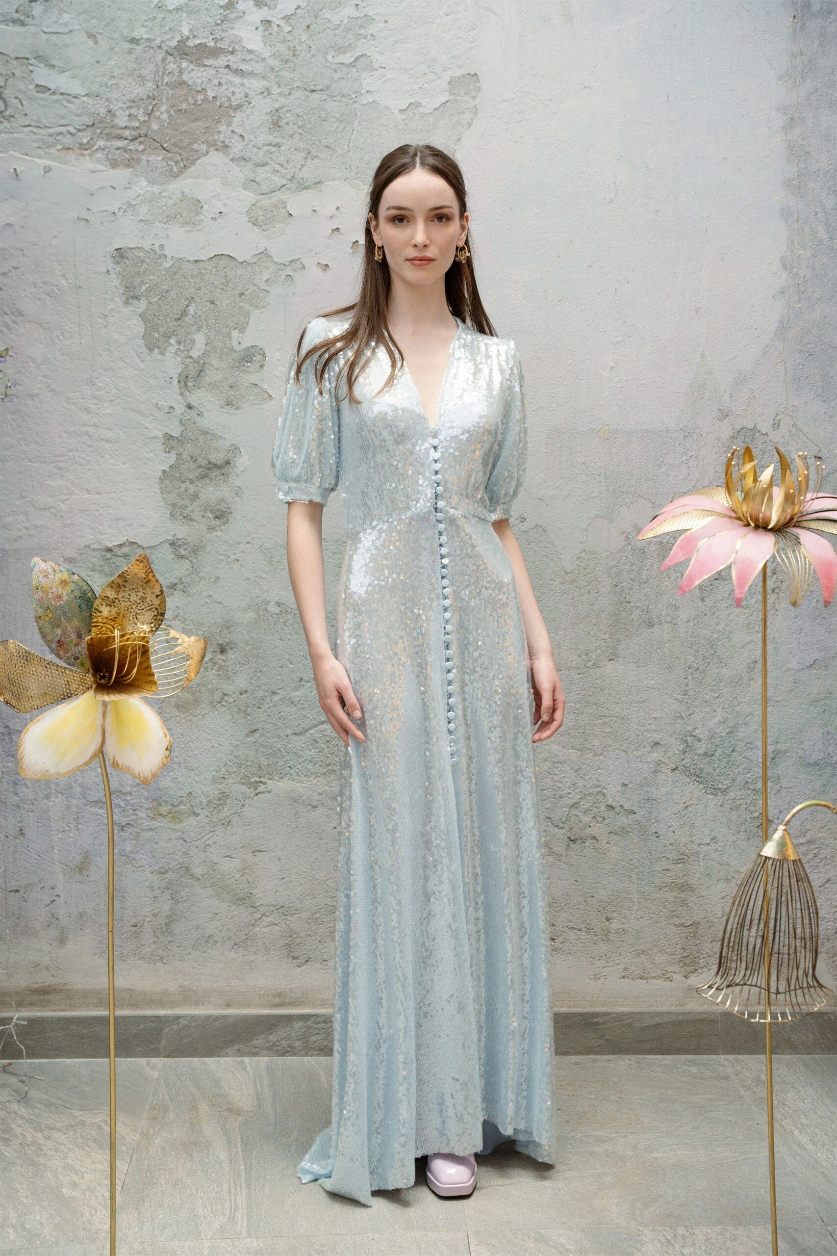 blue sequin short-sleeve v-neck fitted buttoned shiny gown