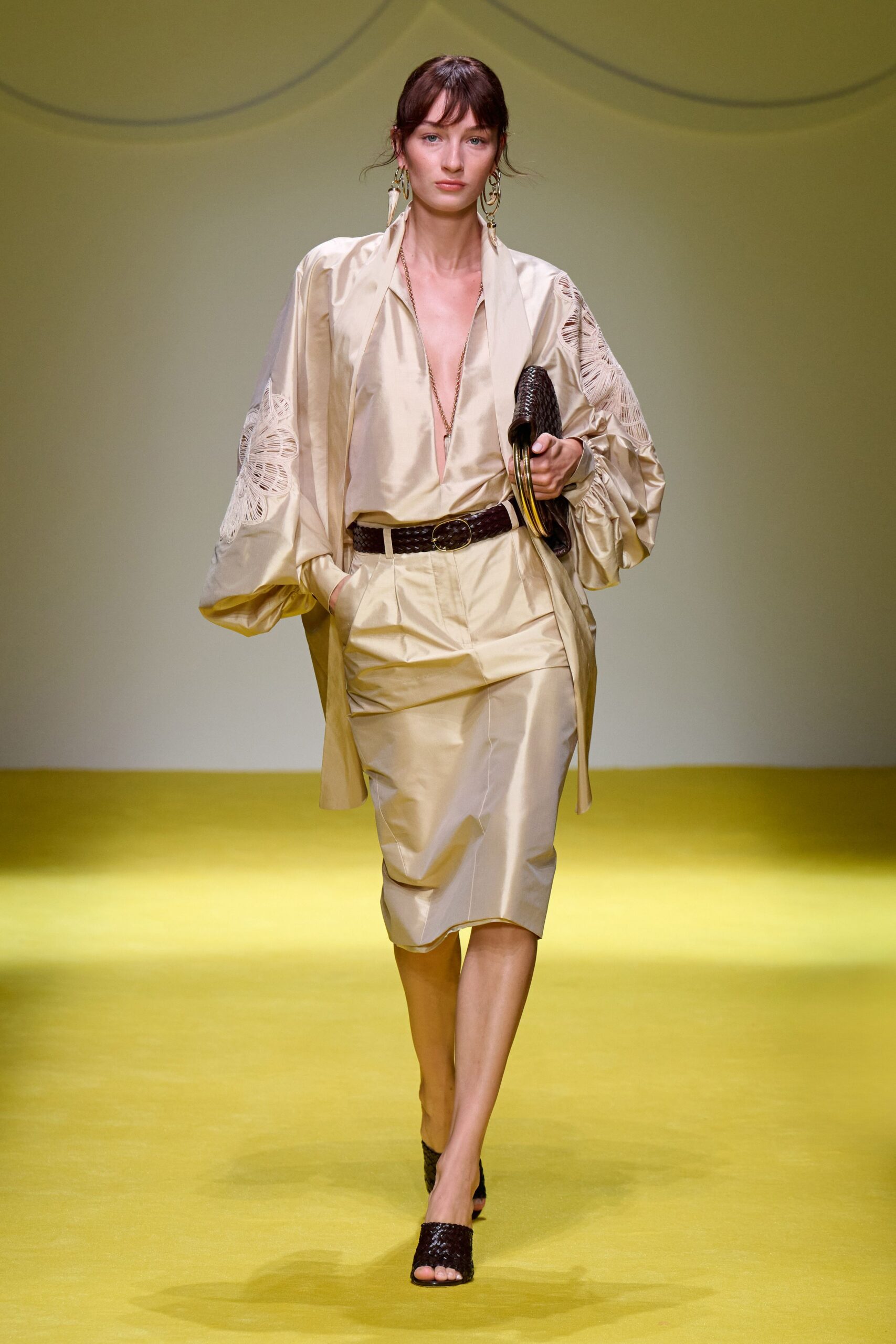 beige silk blouse and midi skirt