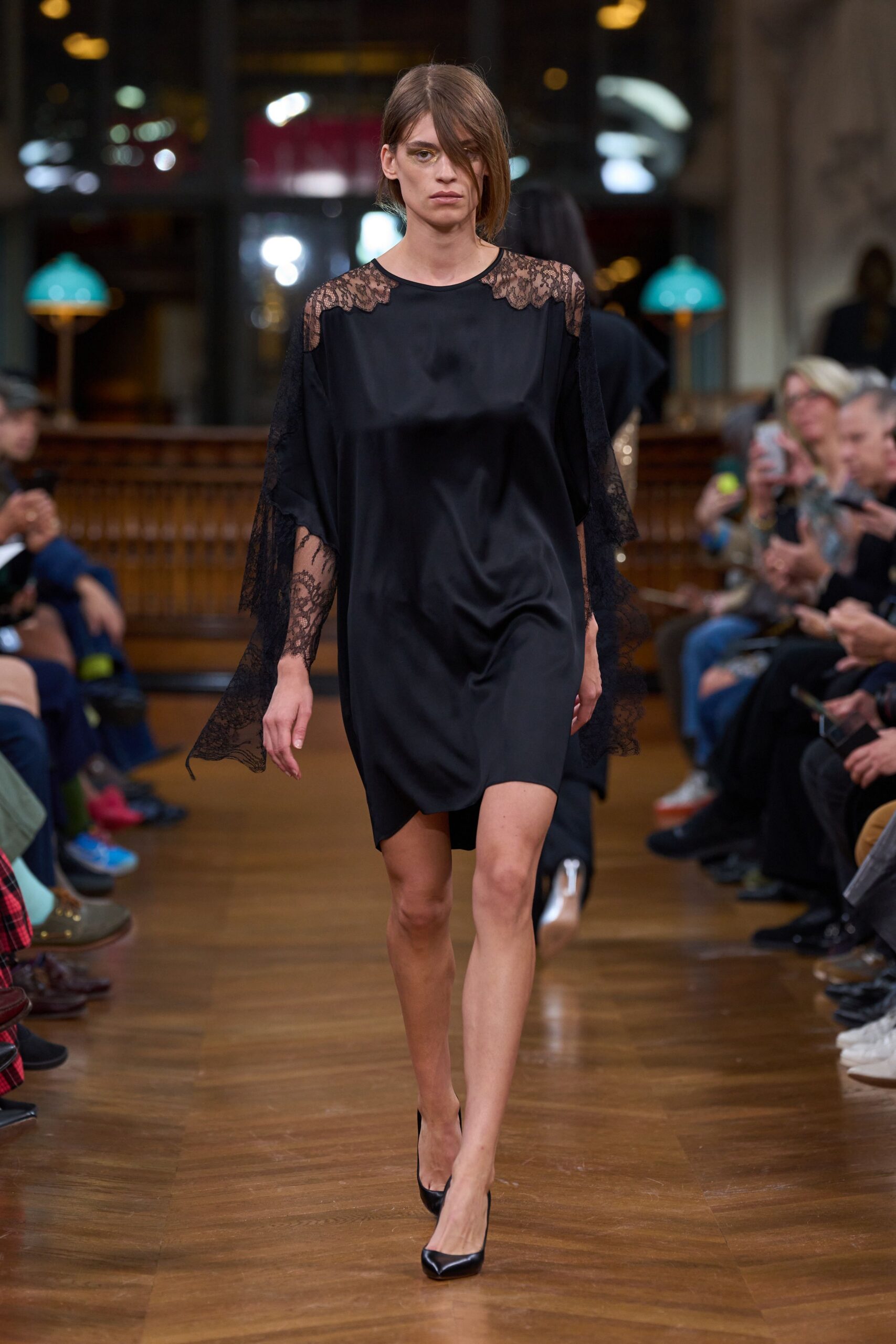 black silk long-sleeve v-neck relaxed embroidered short dress