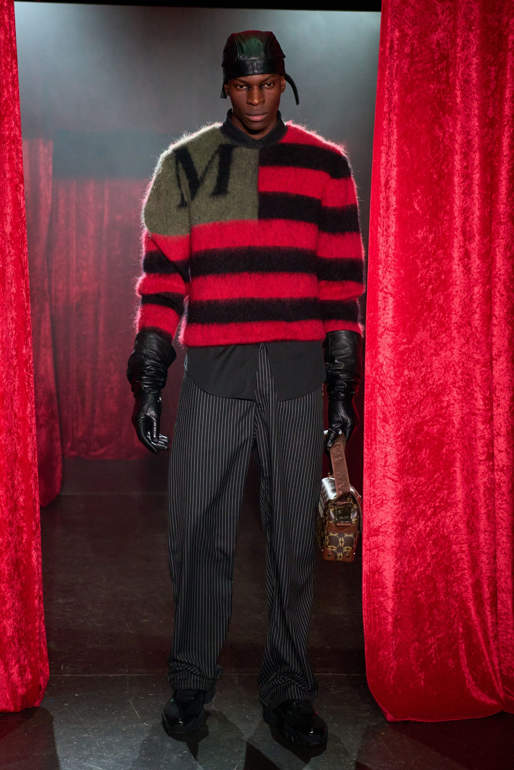 red wool long-sleeve collared fitted striped sweater
