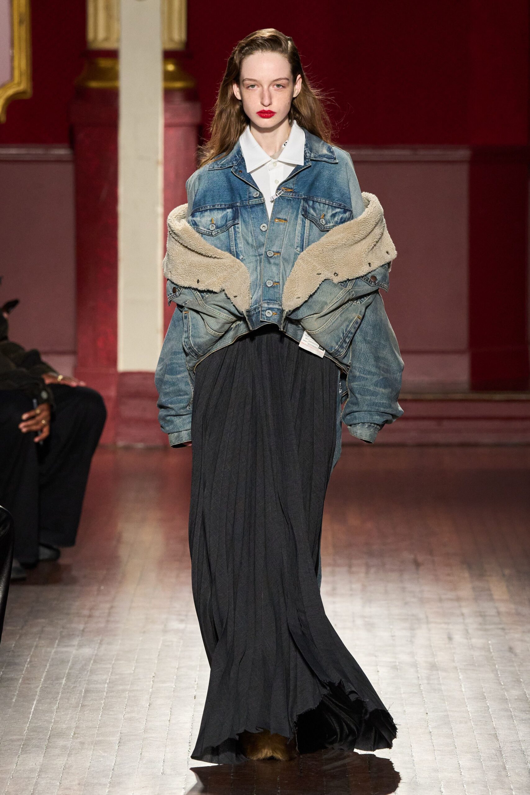 oversized denim jacket with pleated skirt