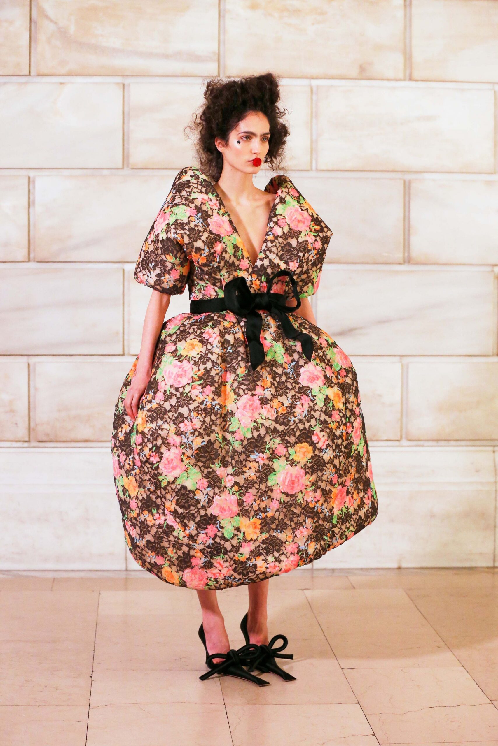 black silk short-sleeve v-neck relaxed floral tiered dress