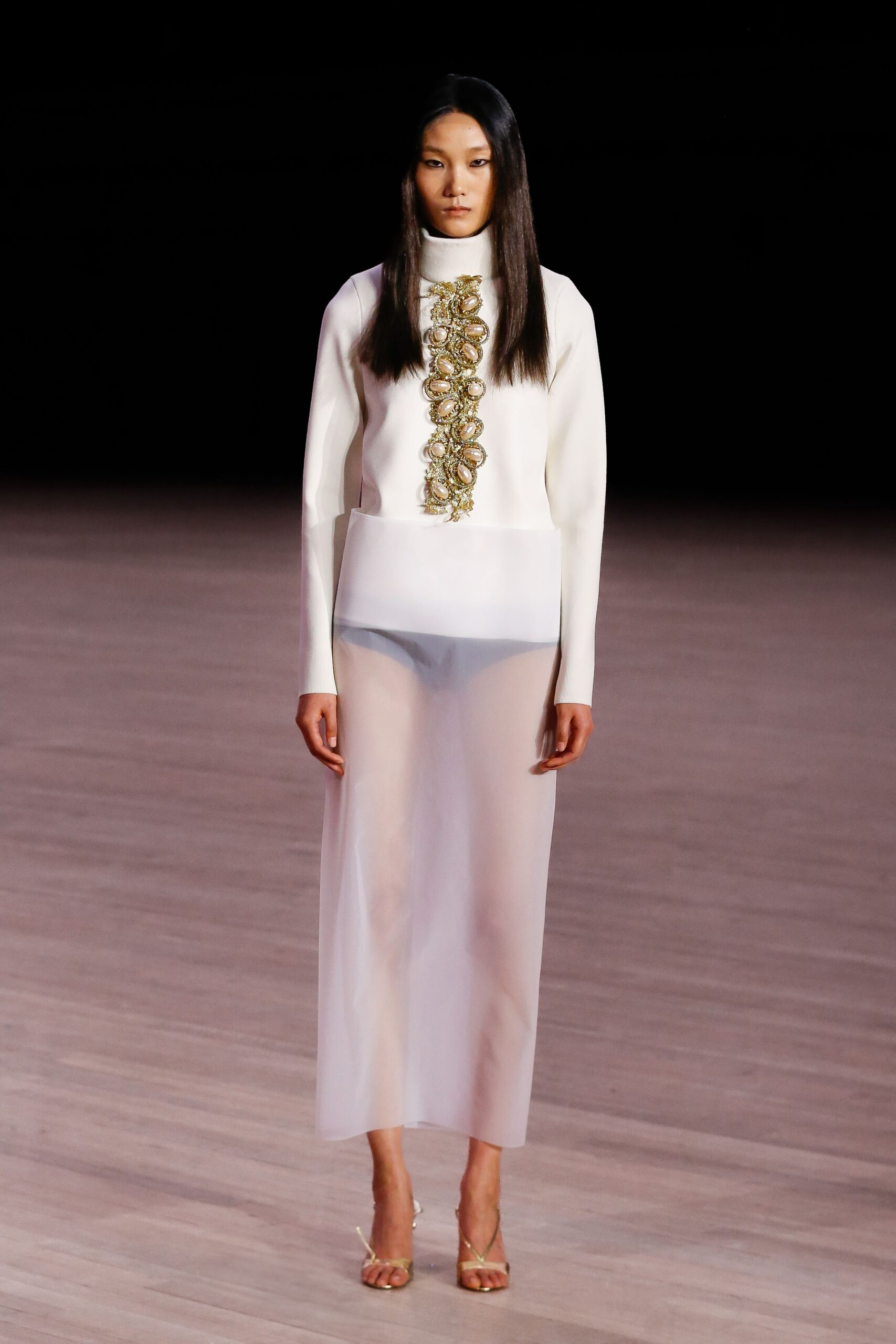 white silk long-sleeve high-neck fitted embroidered dress