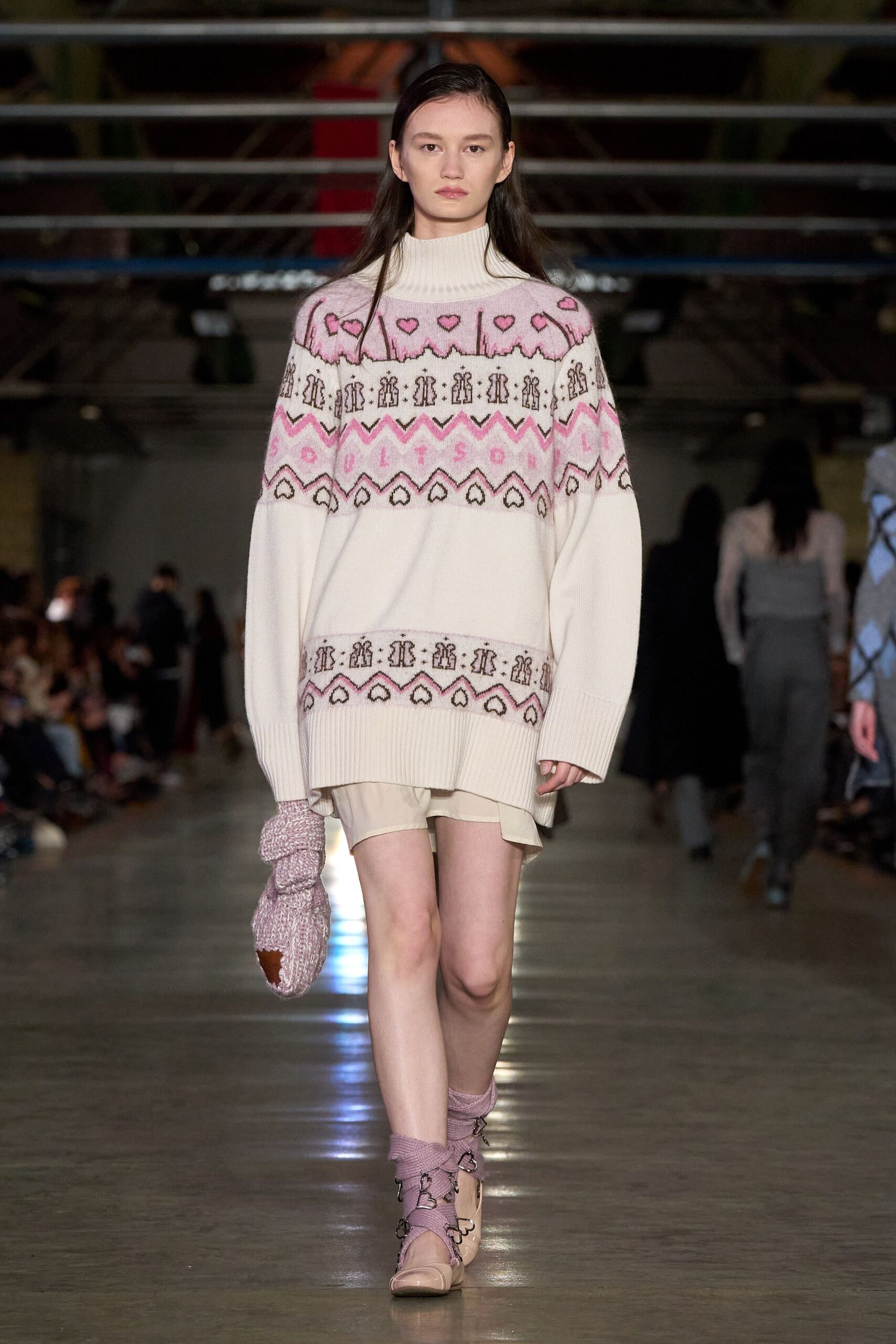 beige wool long-sleeve high-neck oversized printed sweater