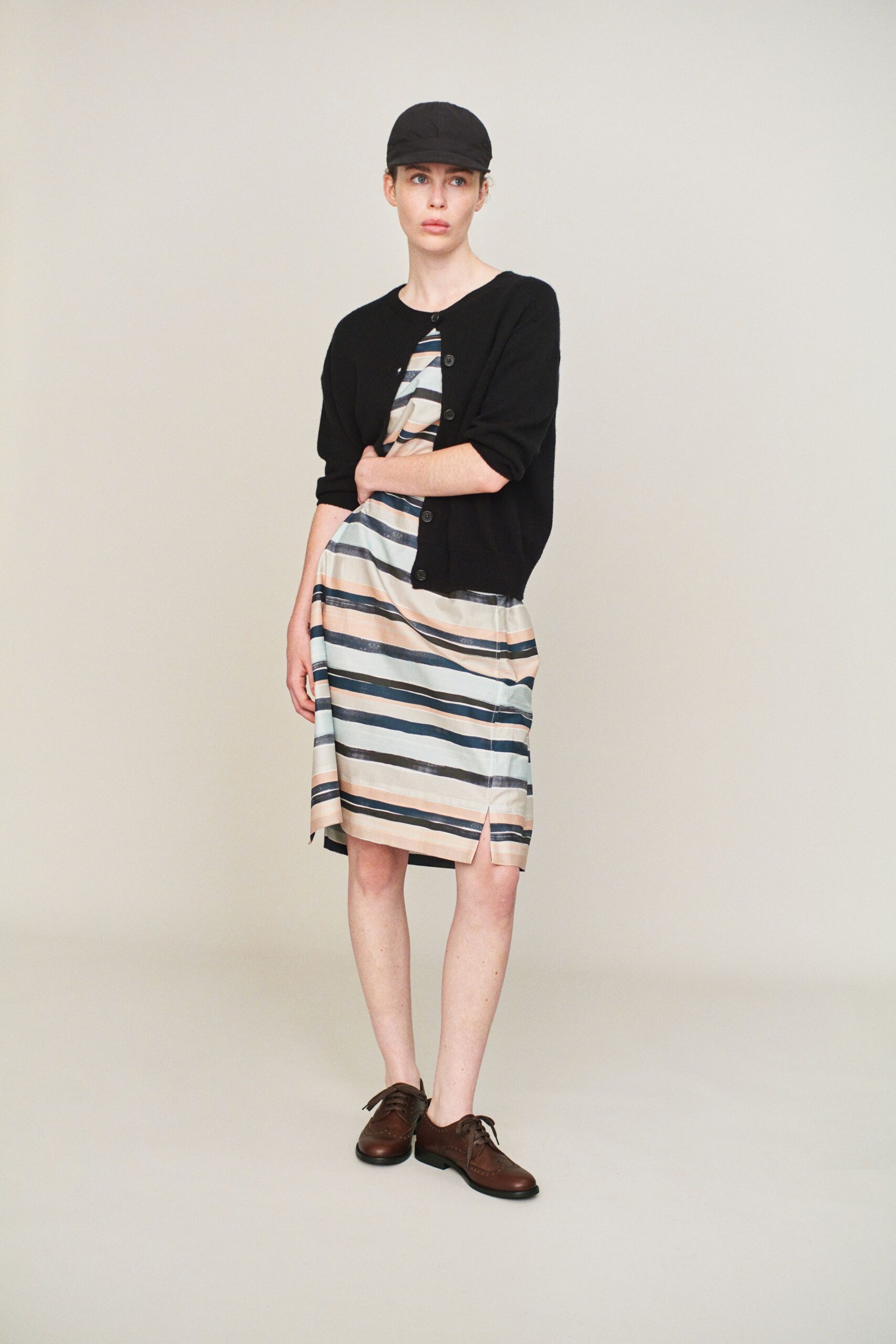 striped midi dress with cardigan