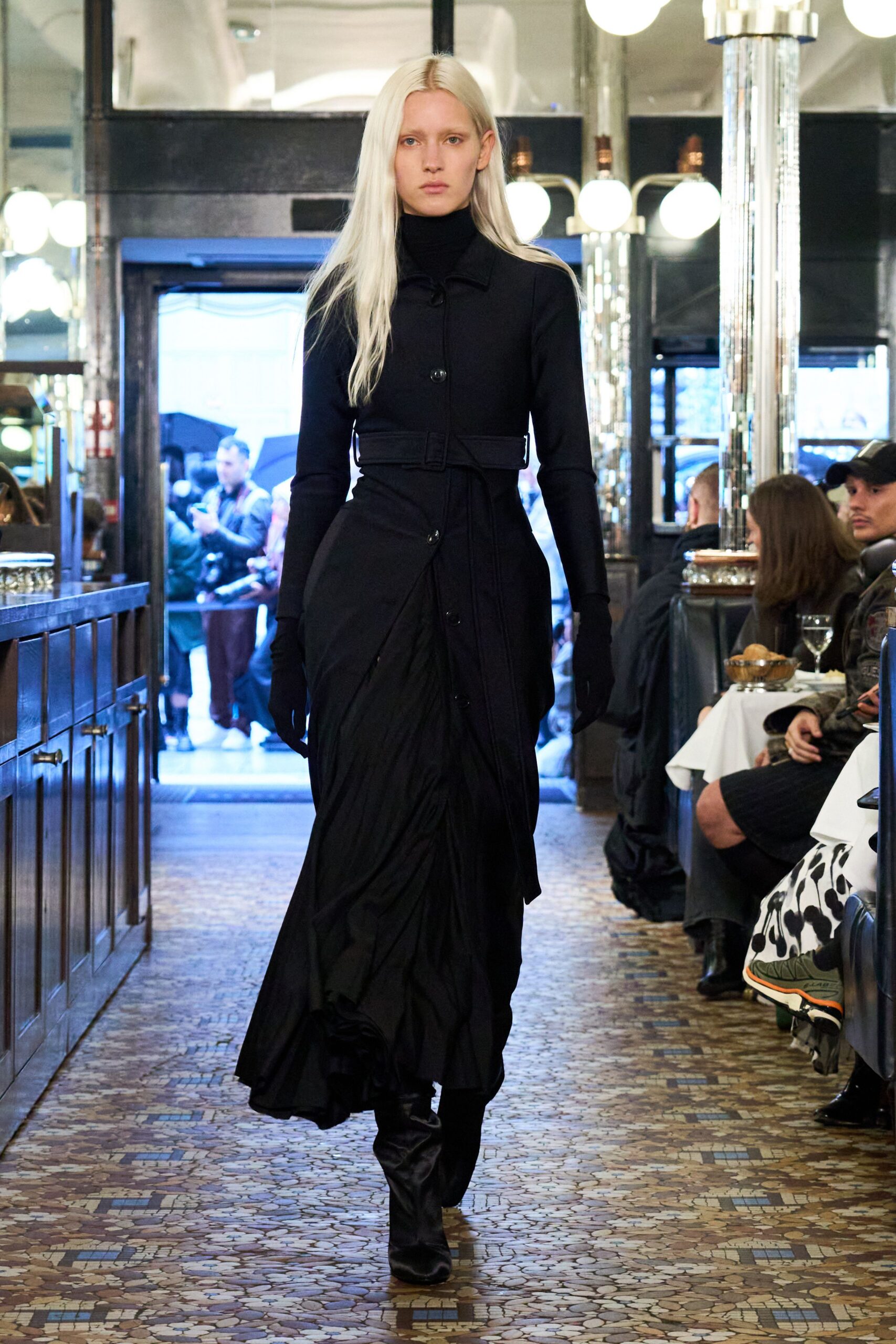 black midi dress with gloves and boots