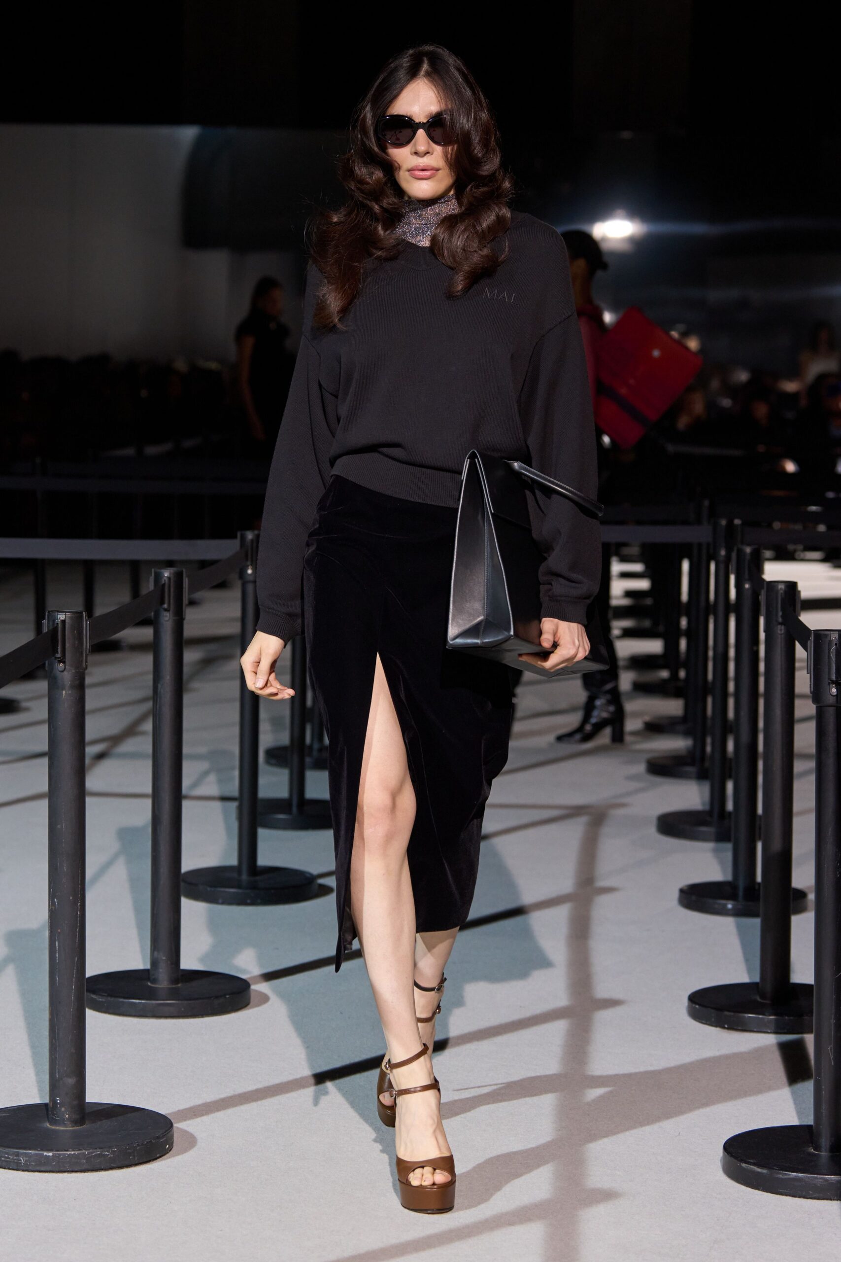 black relaxed top with velvet skirt