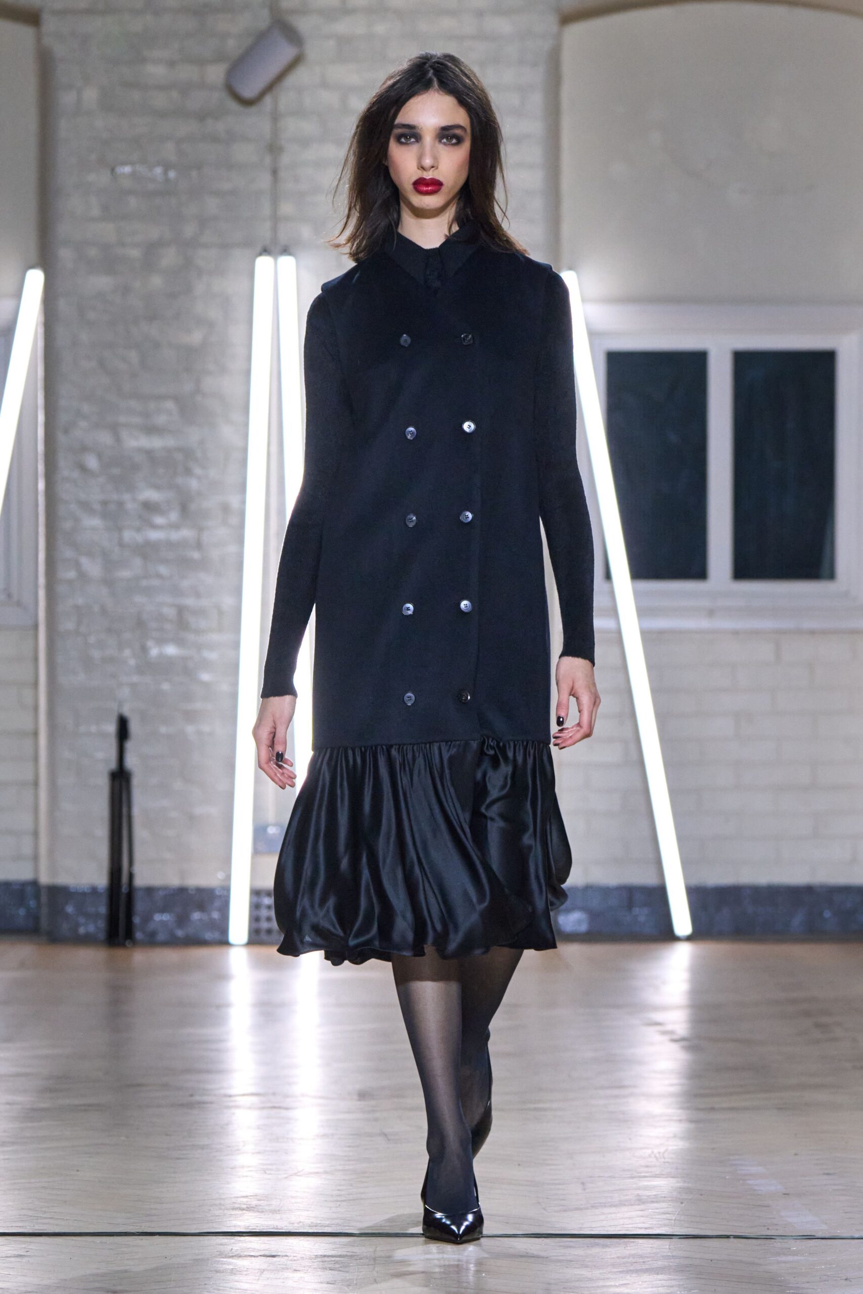 black midi dress with pointed shoes