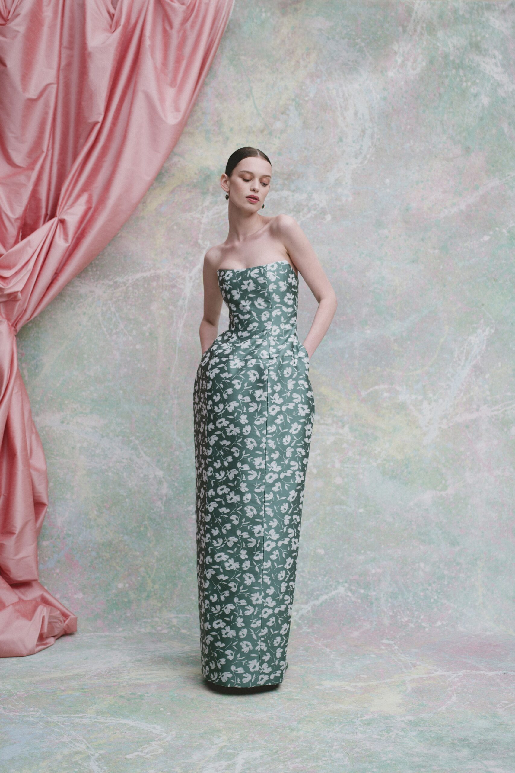 green floral strapless gown