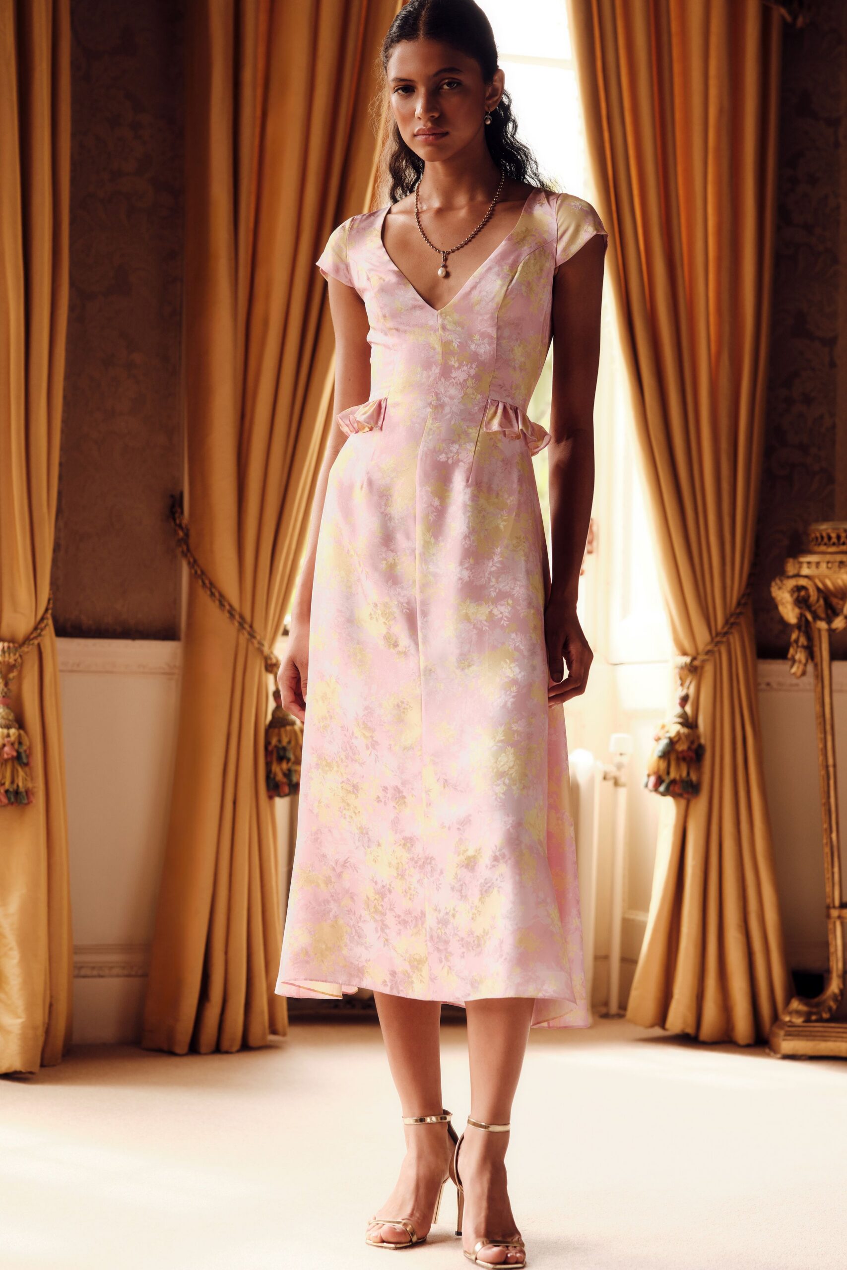 floral midi dress with strappy heels