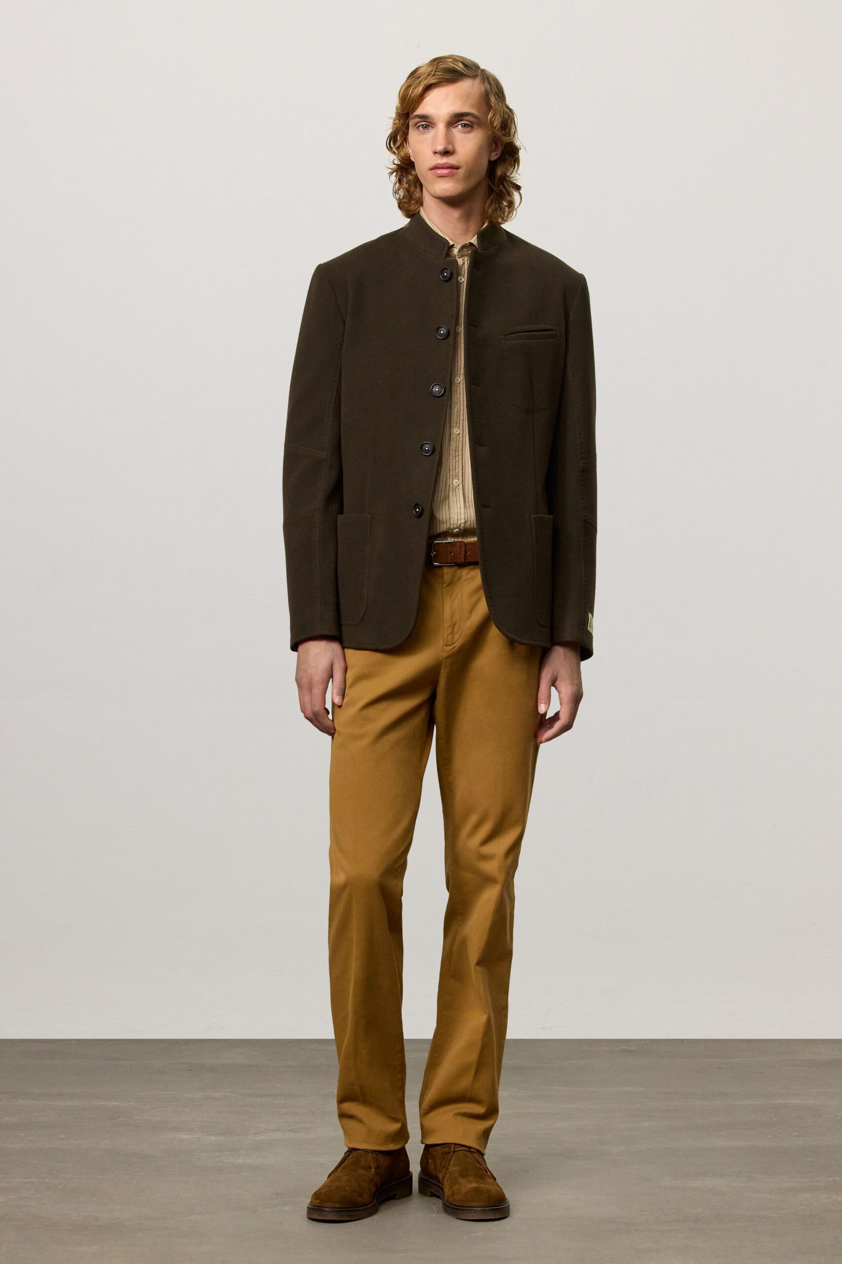 brown cotton long-sleeve collared structured buttoned jacket