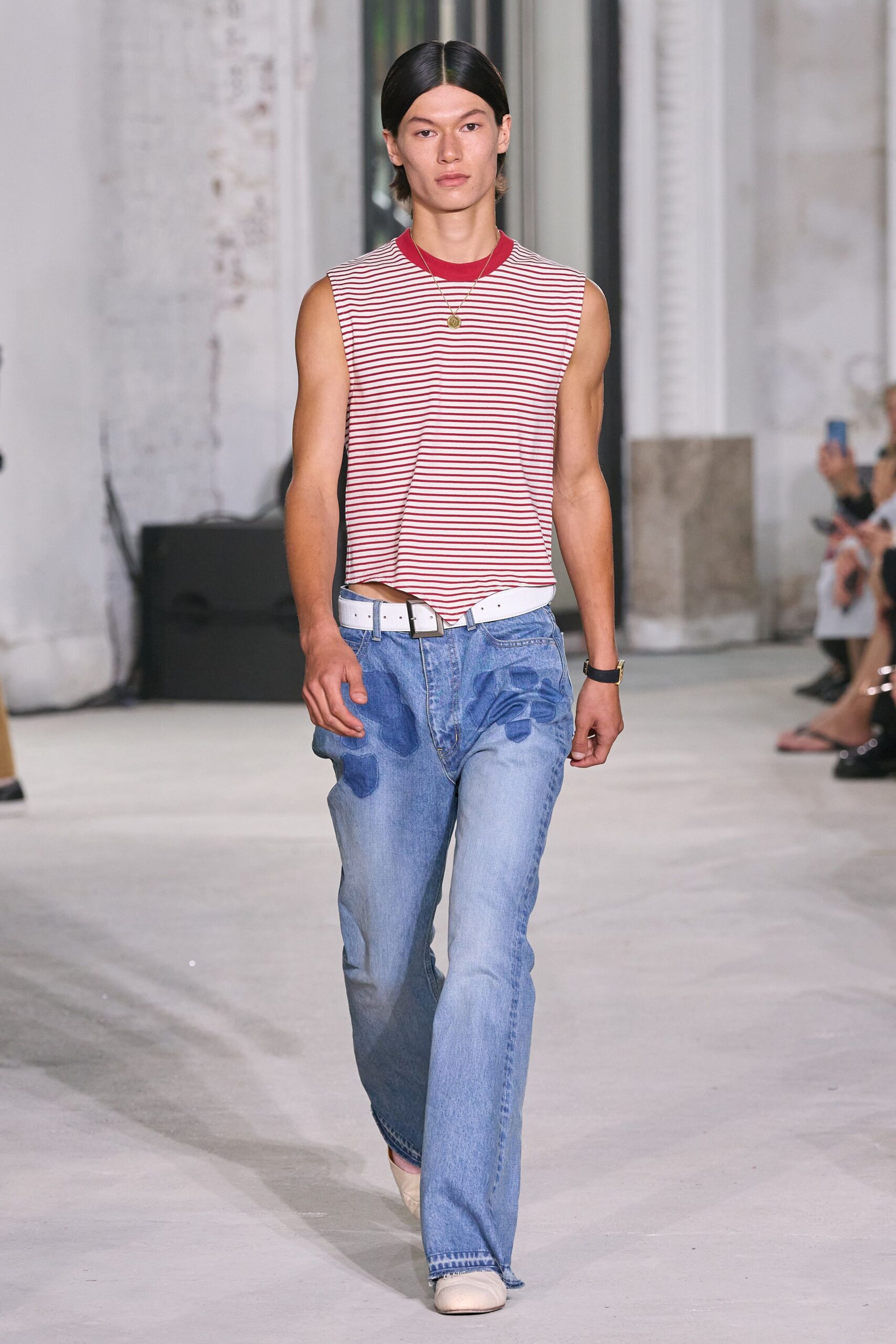 red and white striped tank-top with jeans