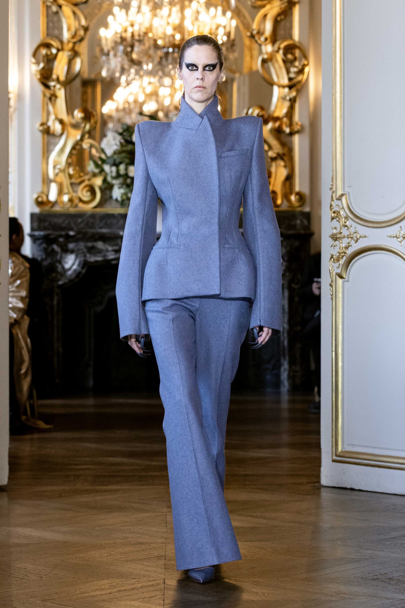 gray wool long-sleeve collared structured buttoned straight-leg suit