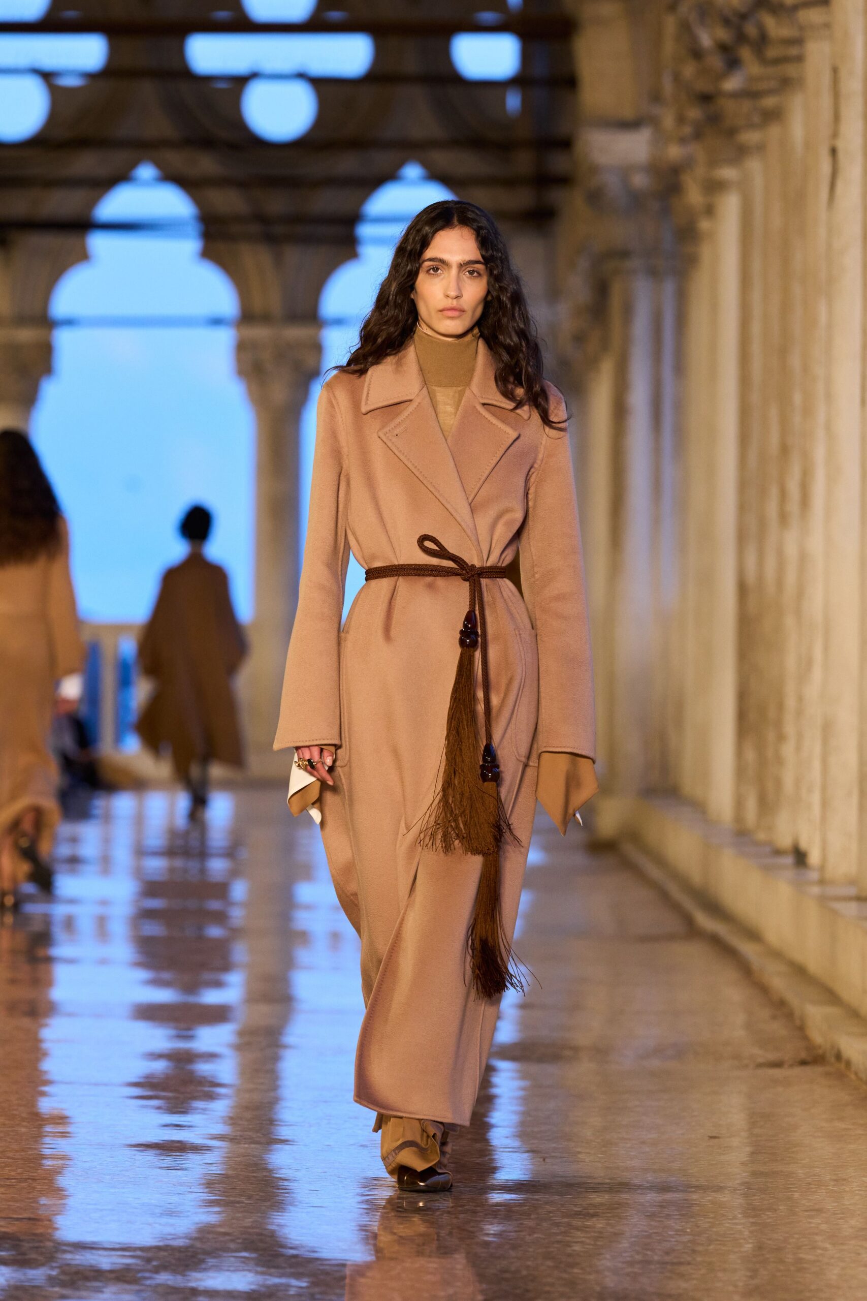 beige wool coat with belted dress