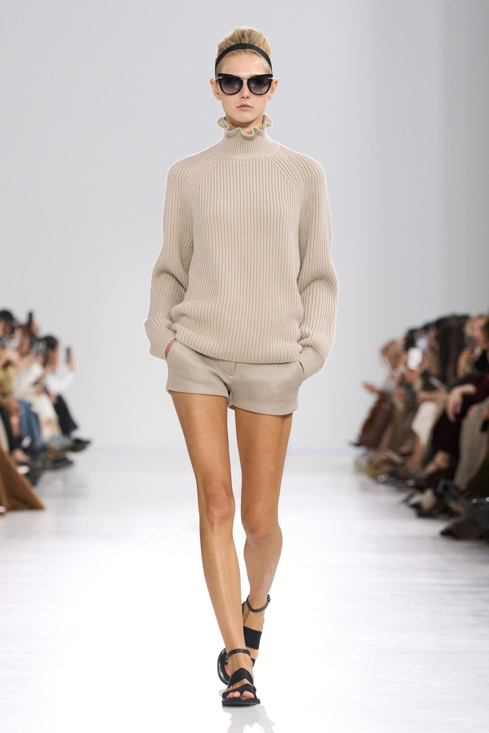 beige knit sweater and shorts