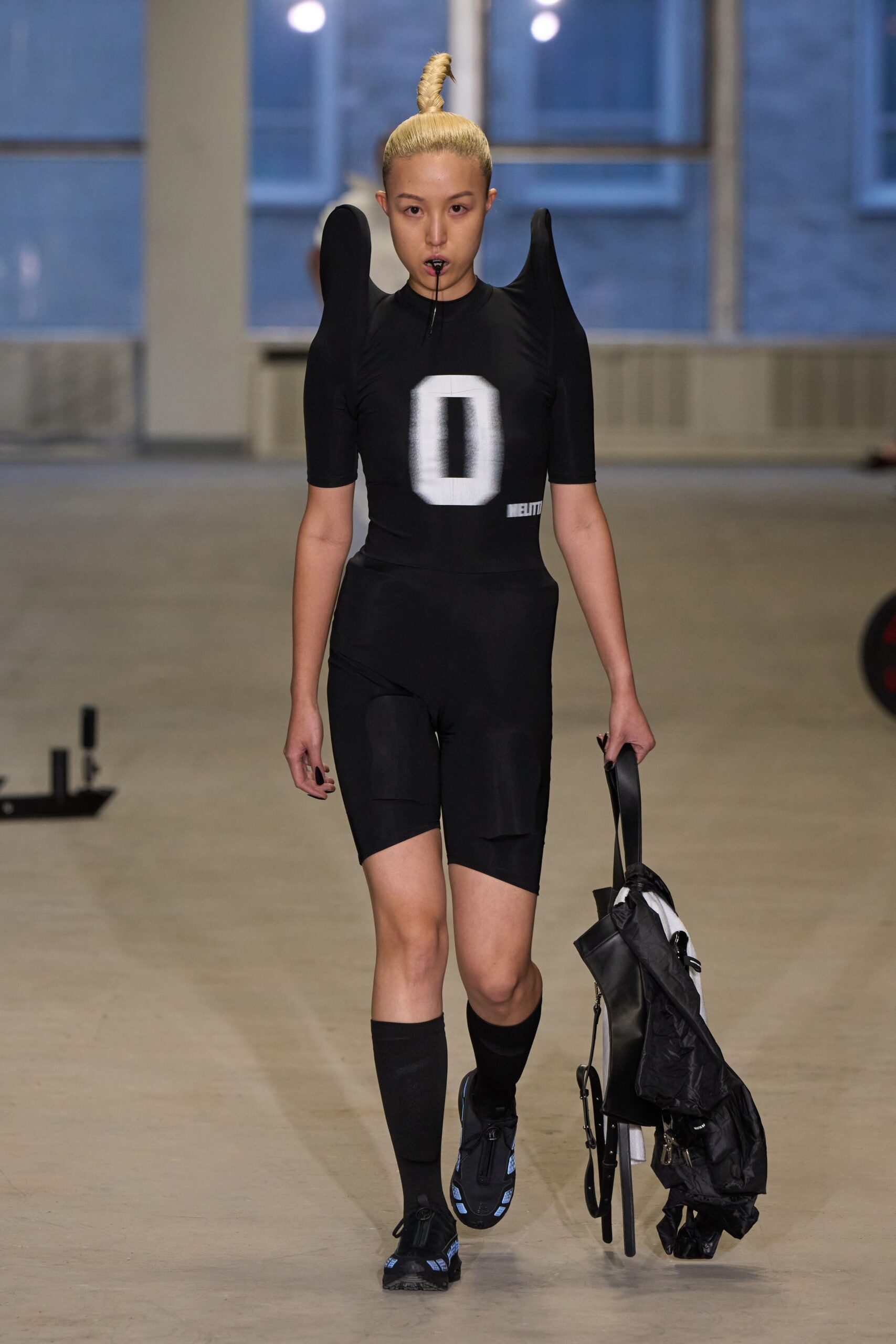 black cotton sleeveless high-neck fitted zippered catsuit