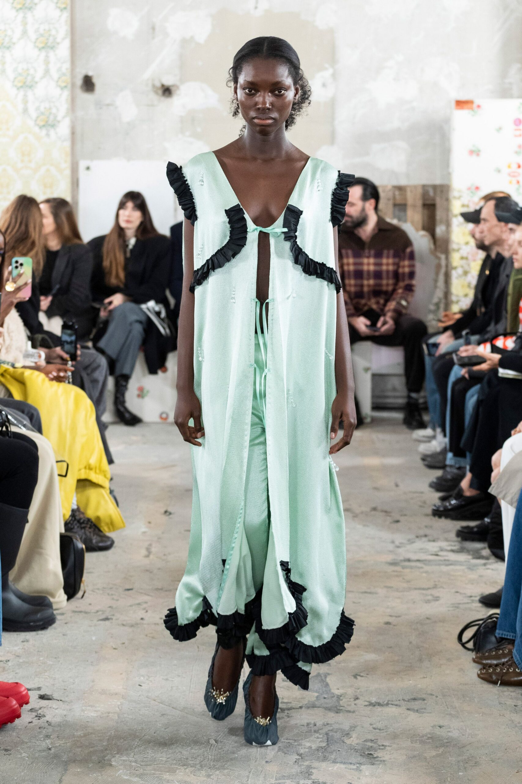 green cotton sleeveless v-neck relaxed ruffled layered dress
