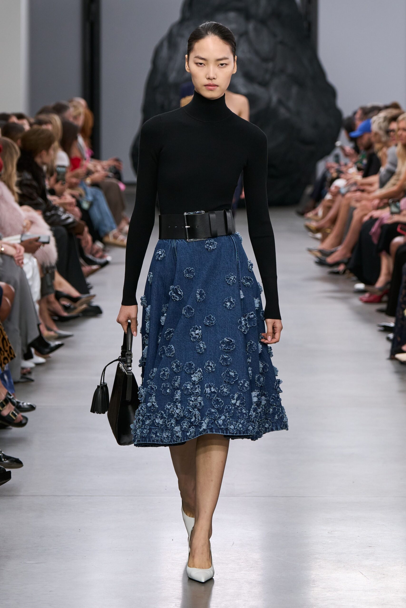 blue denim relaxed embroidered a-line midi skirt