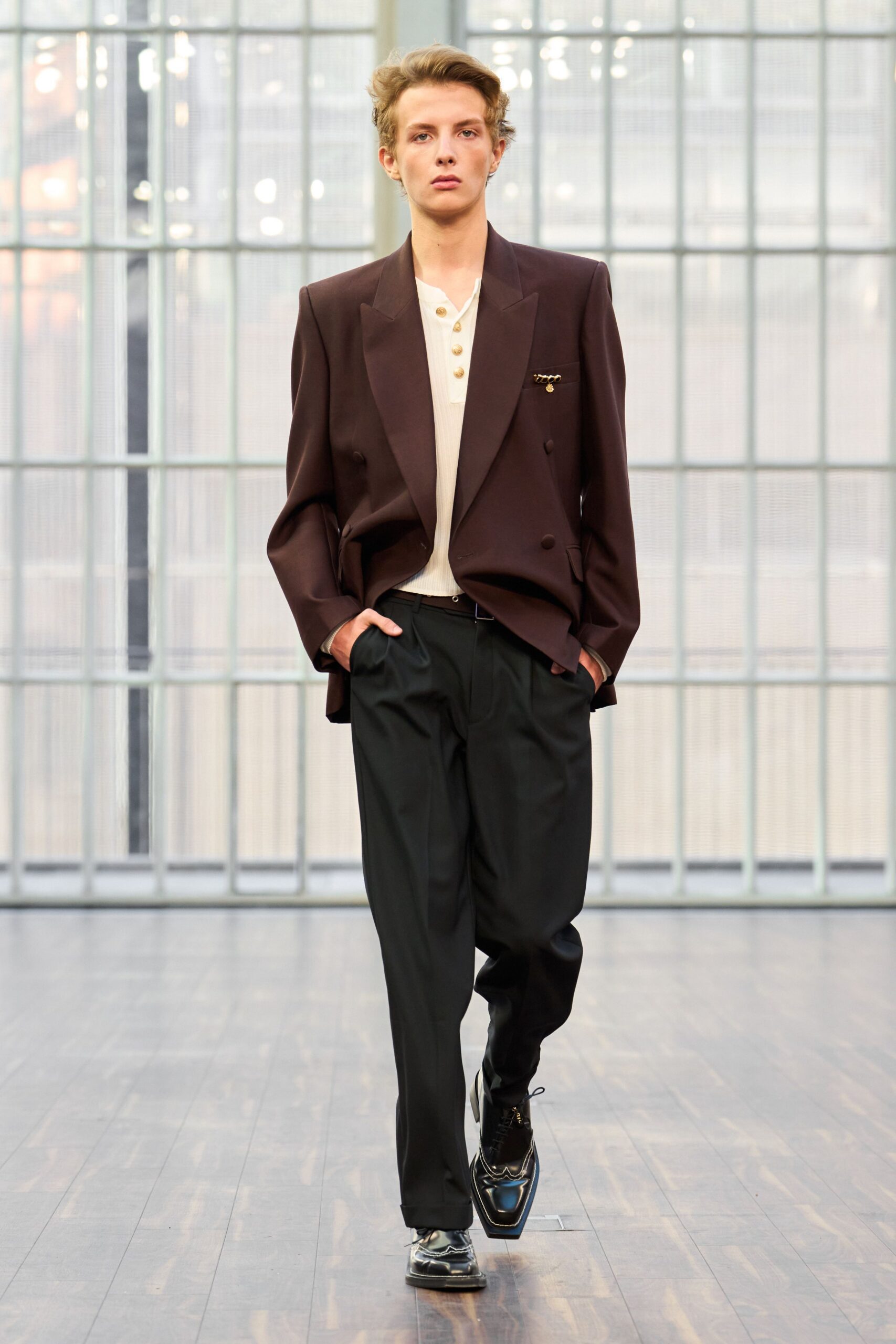 brown wool long-sleeve collared structured blazer