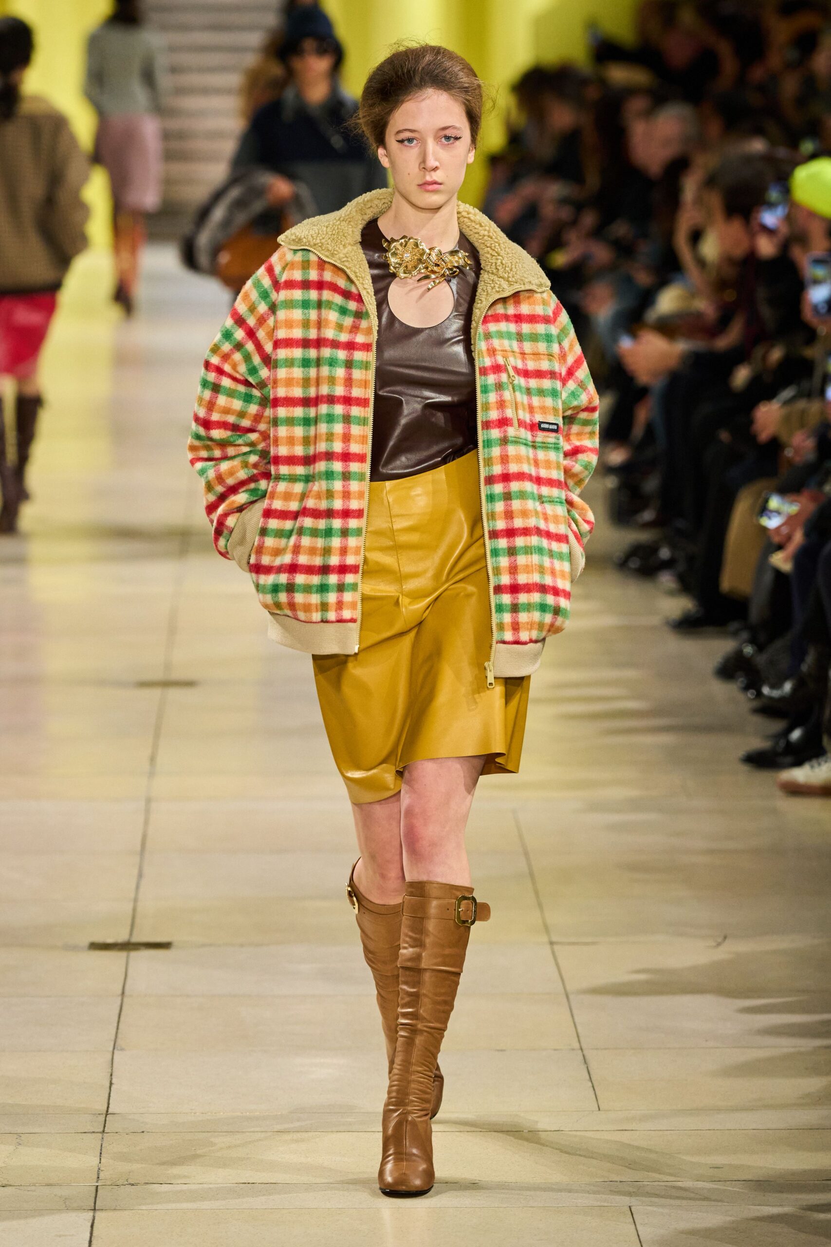 checked jacket with leather top