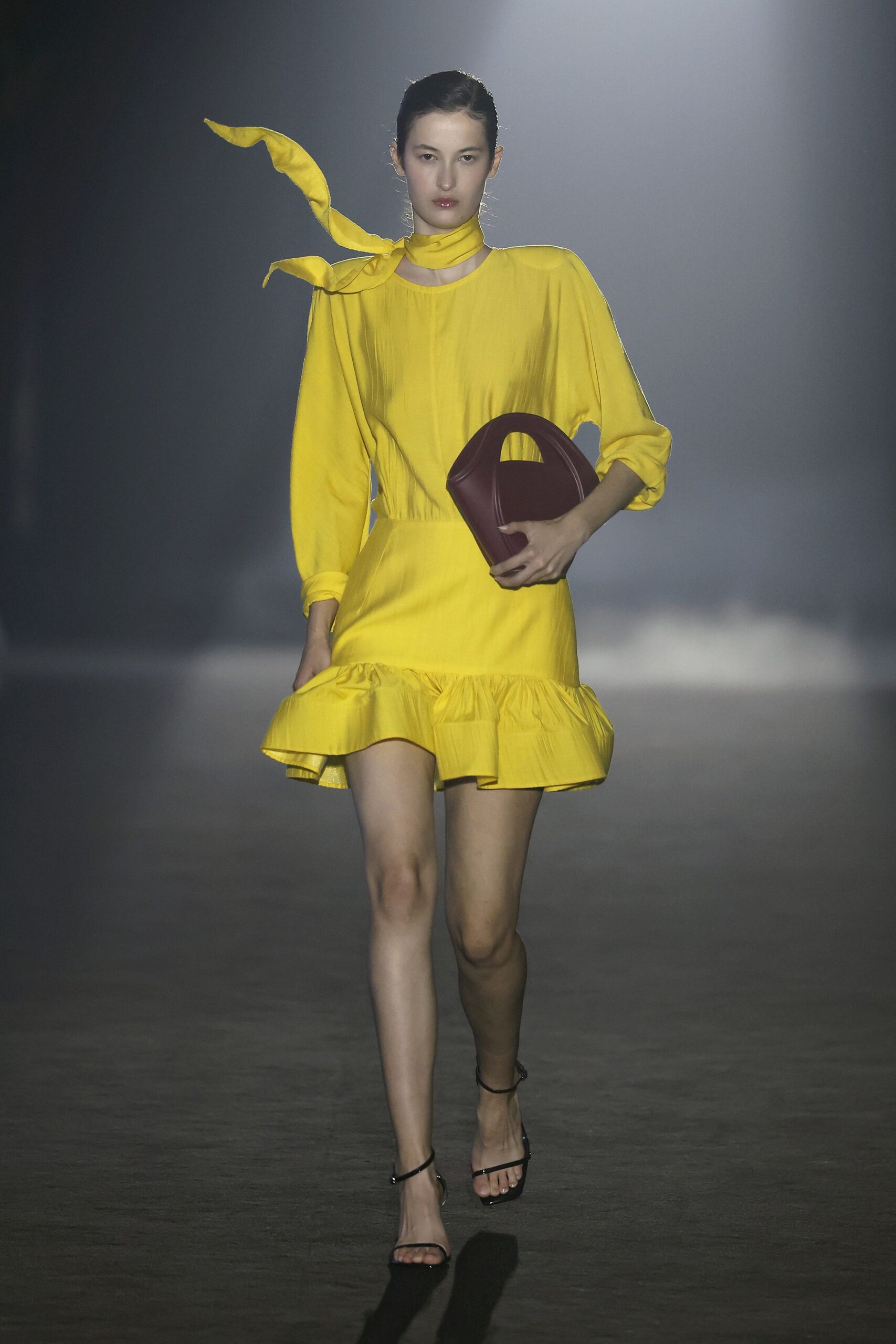 yellow silk long-sleeve collared fitted ruffled mini dress