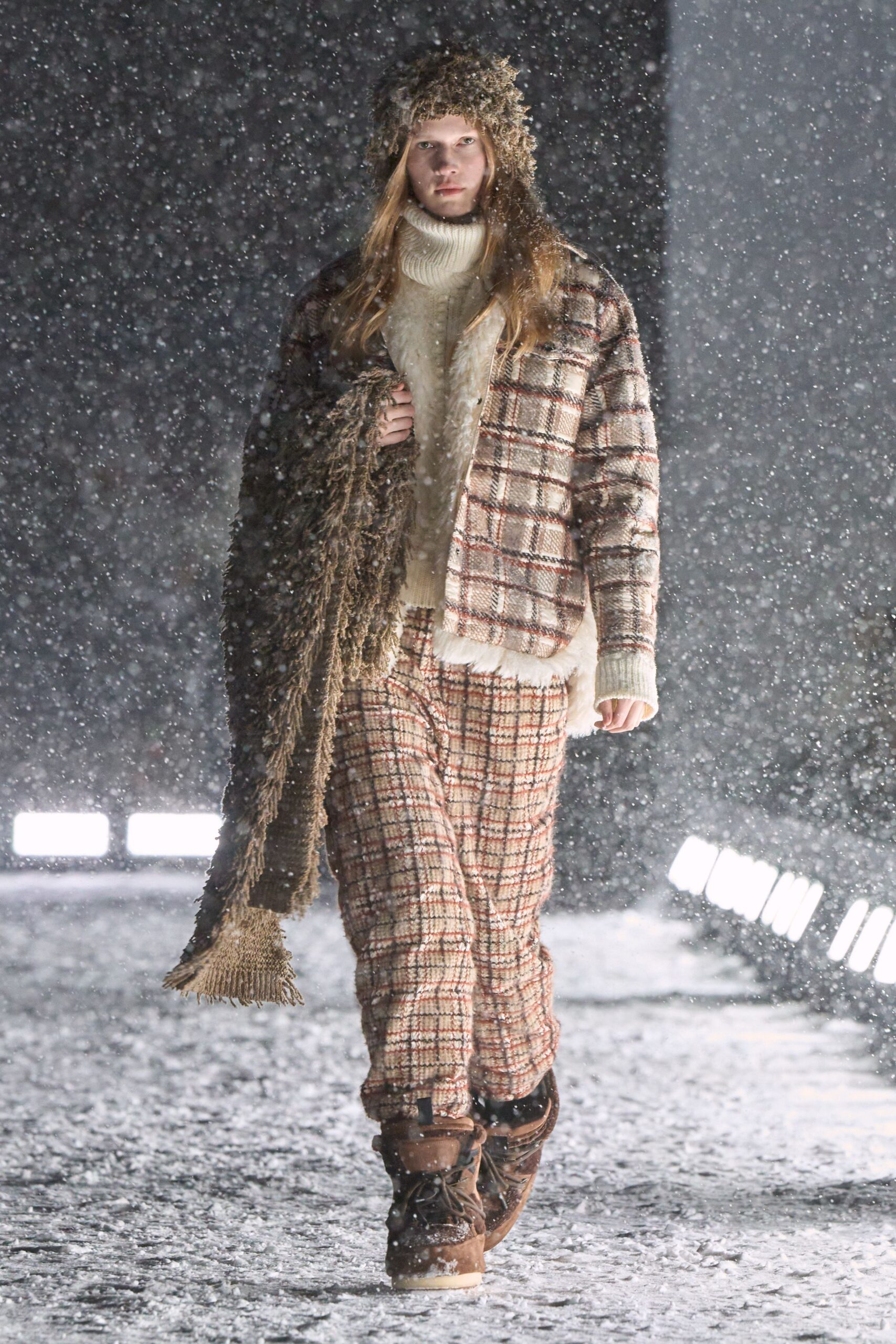 brown checked coat with ivory sweater