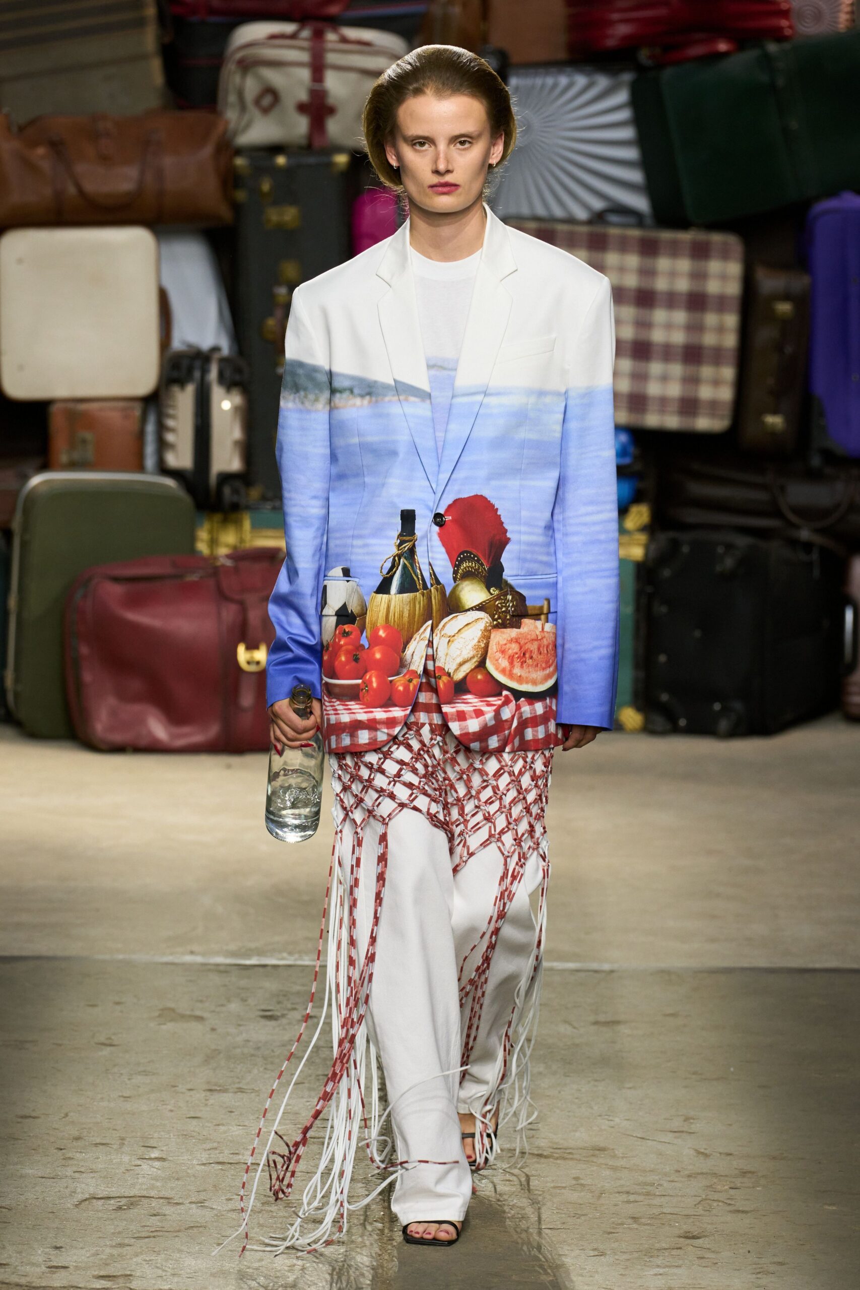 white cotton long-sleeve collared fitted printed layered suit