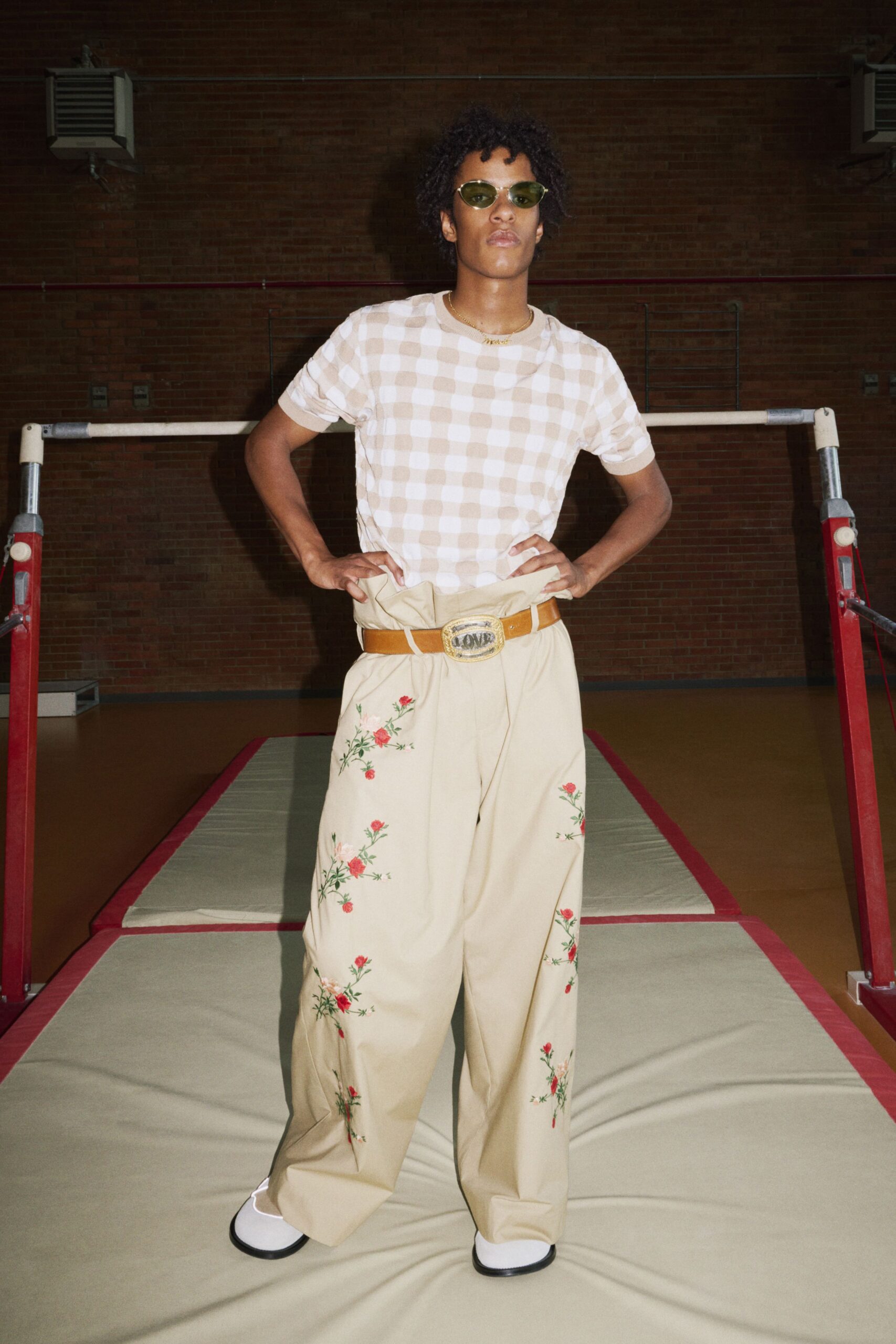 checked t-shirt with embroidered pants