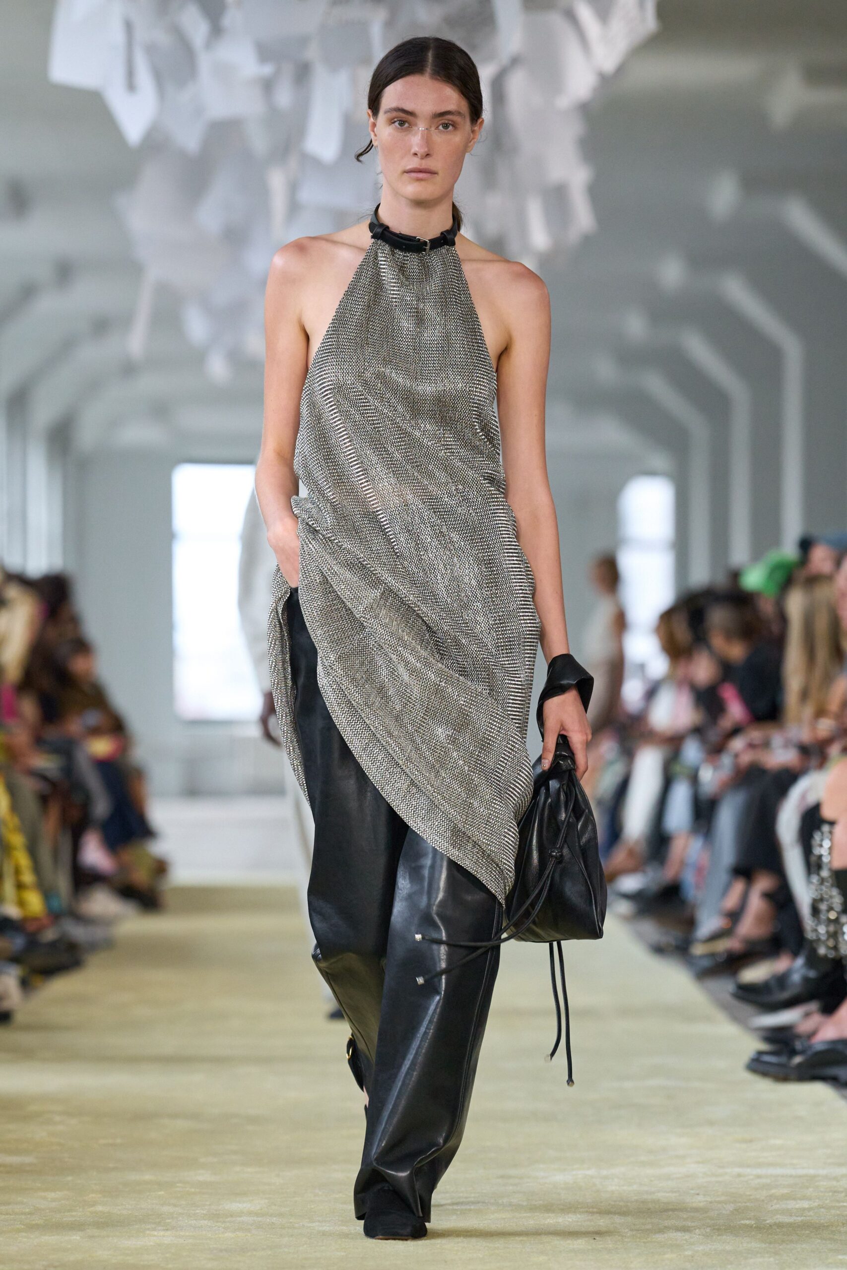gray metallic sleeveless high-neck fitted draped shiny top