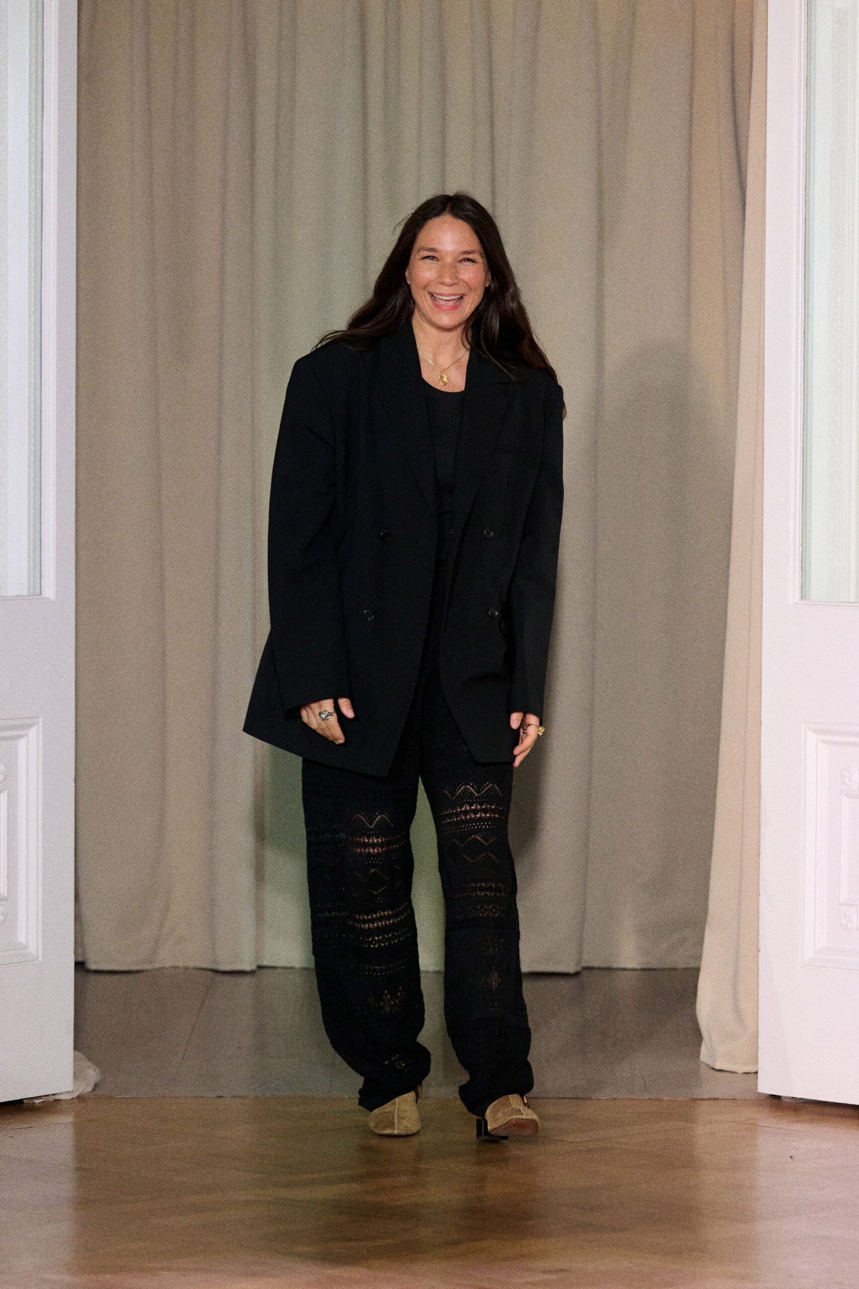 black oversized blazer with fitted pants