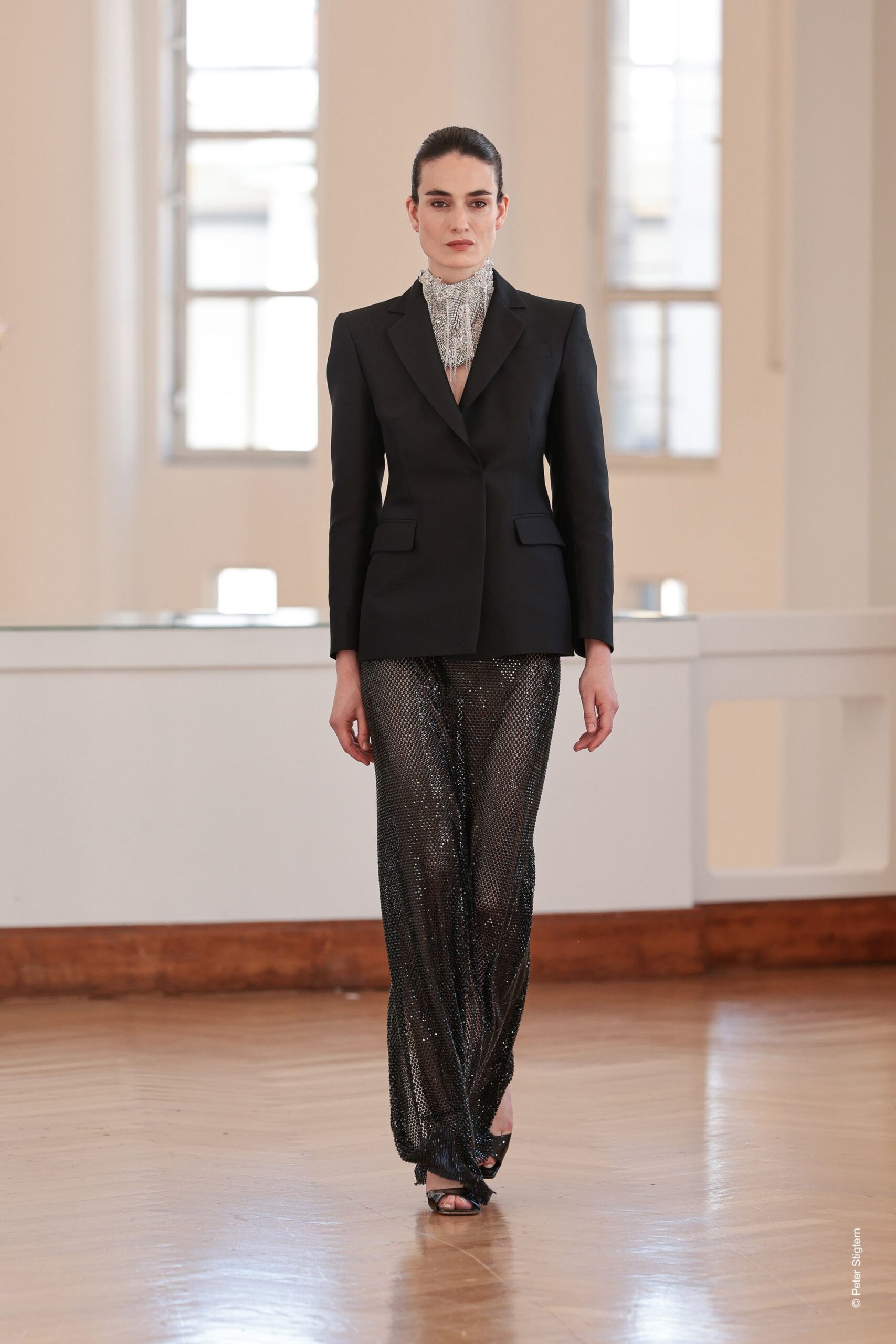 black tailored blazer with sequined pants