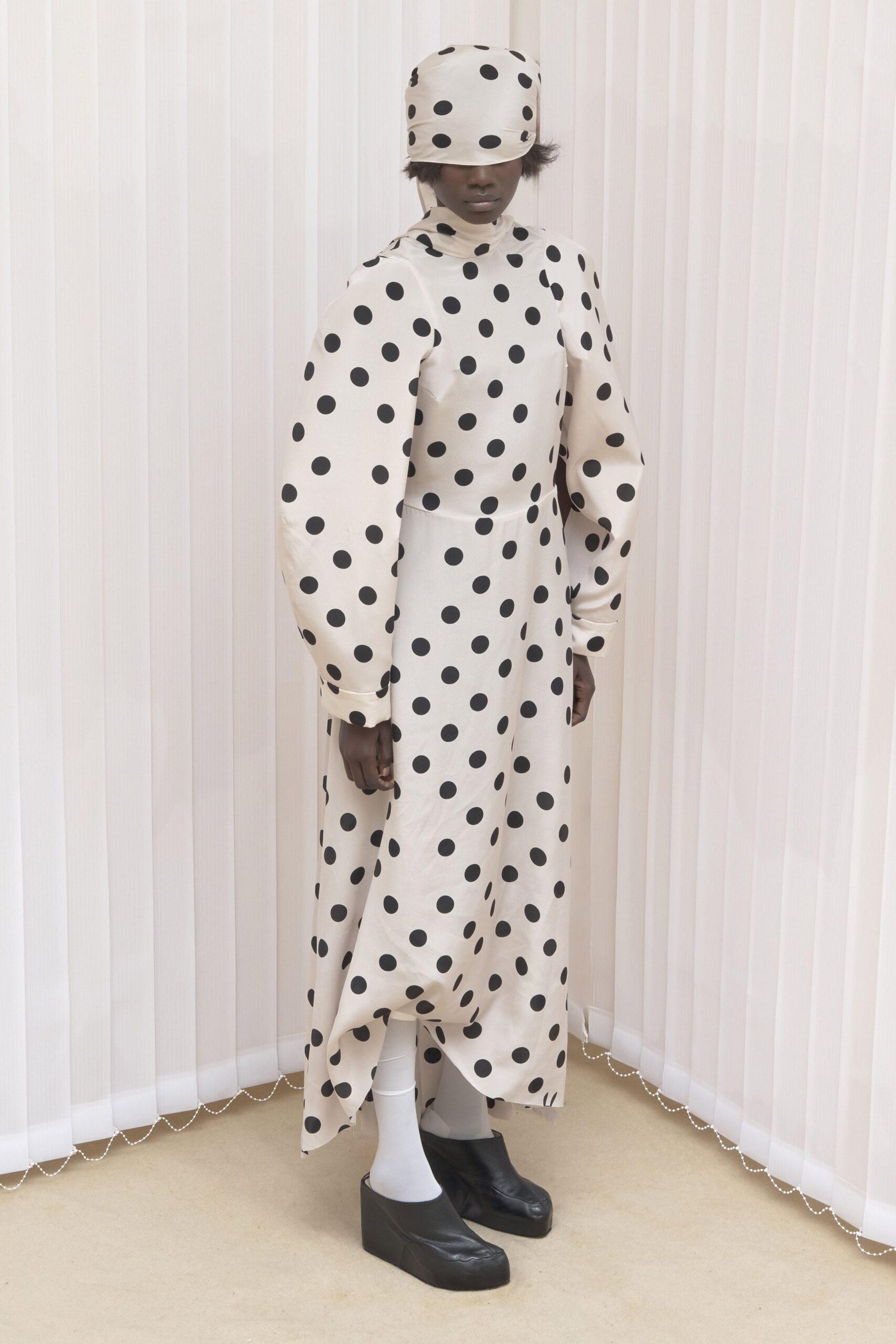 beige cotton long-sleeve high-neck relaxed polka-dot midi dress