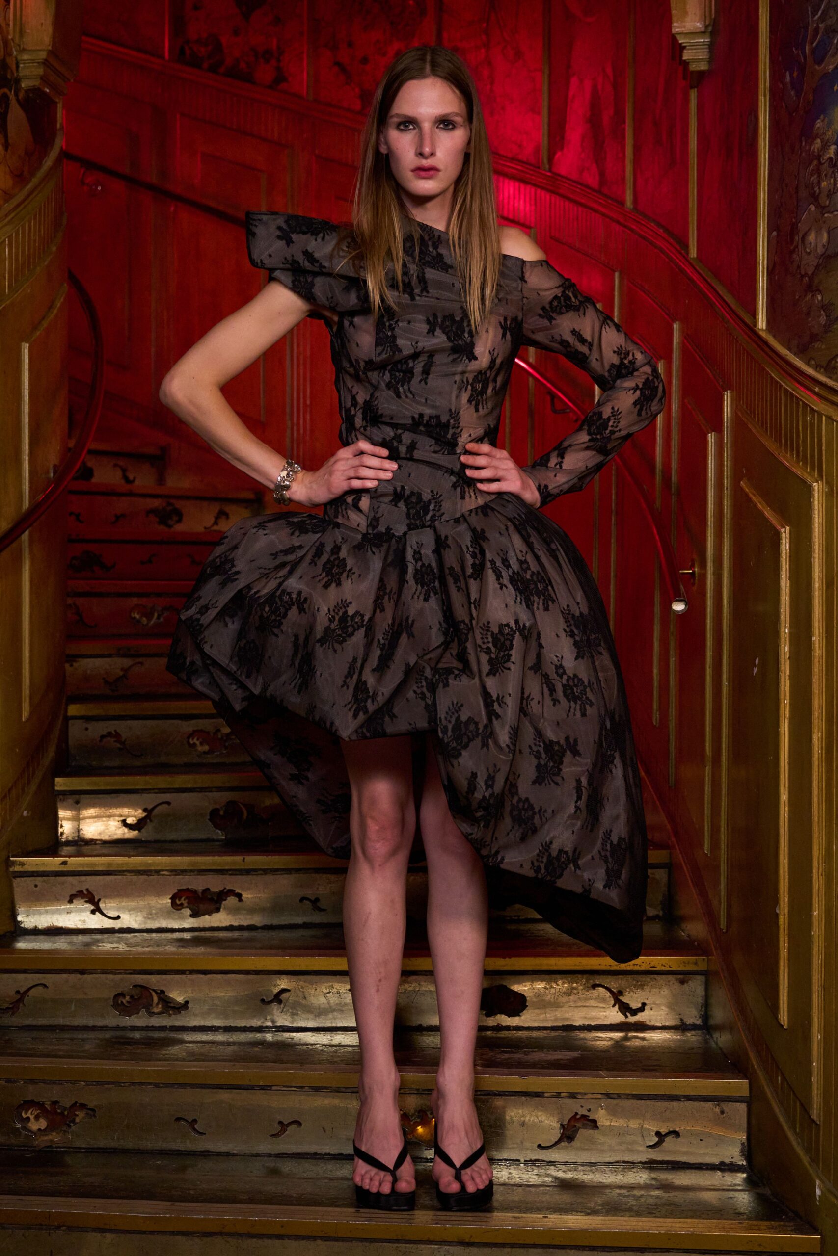 black silk long-sleeve high-neck fitted ruffled flared dress
