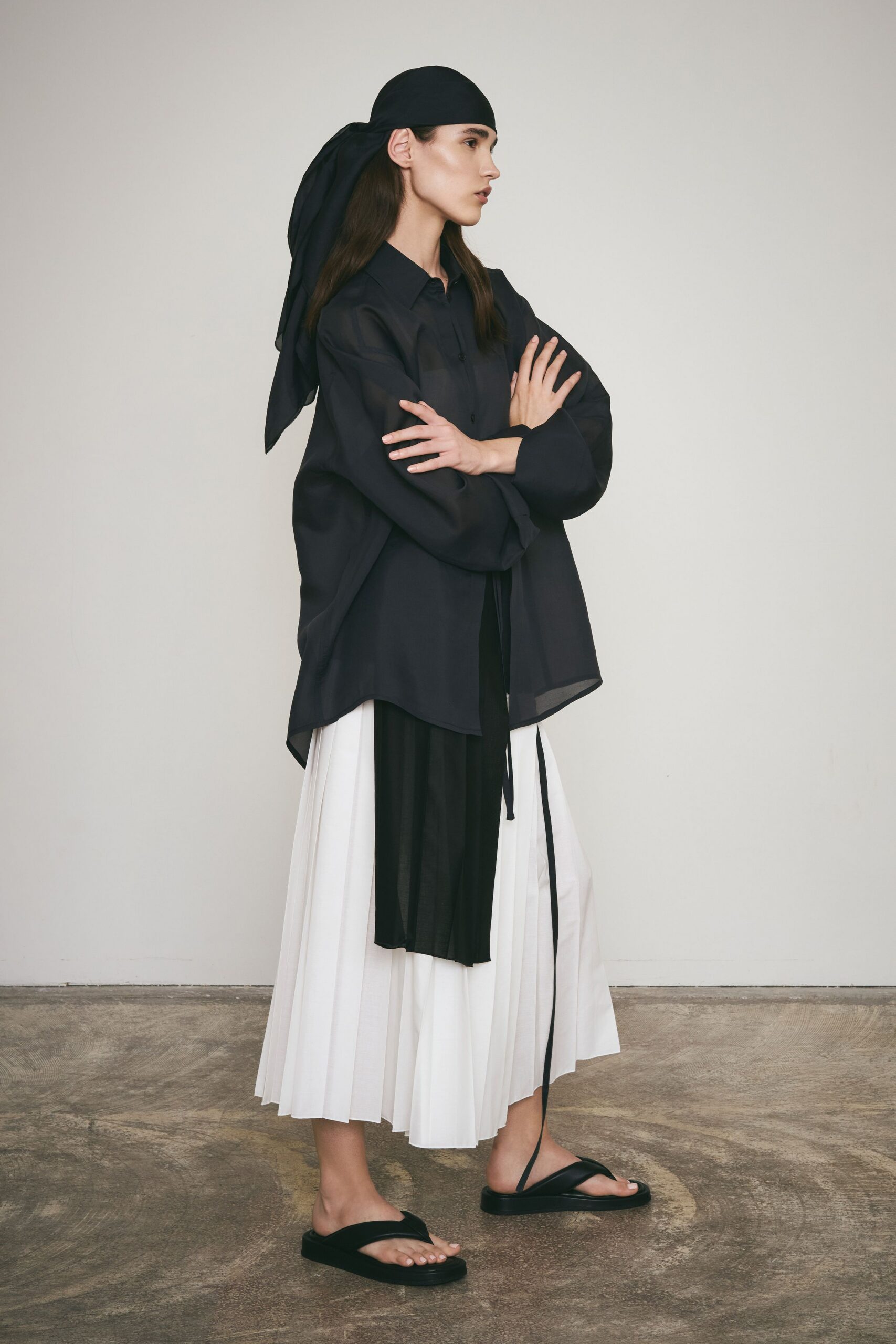 black silk long-sleeve collared relaxed pleated sheer shirt