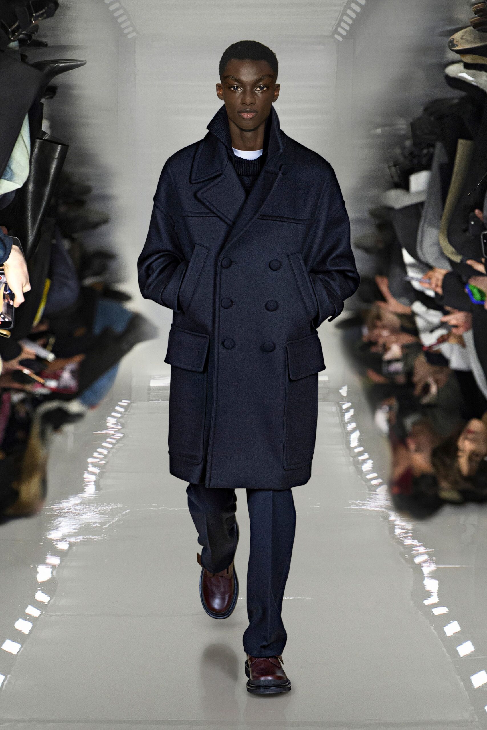 blue wool long-sleeve collared relaxed pockets coat