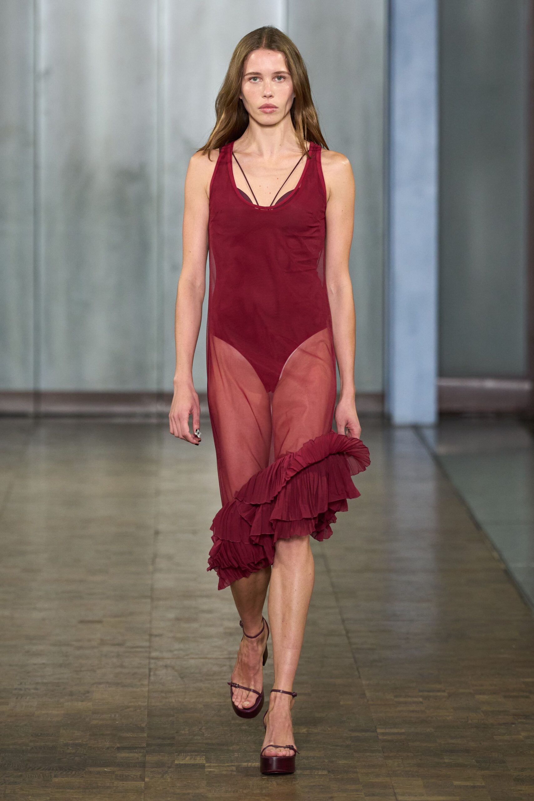 red silk sleeveless v-neck fitted ruffled sheer dress