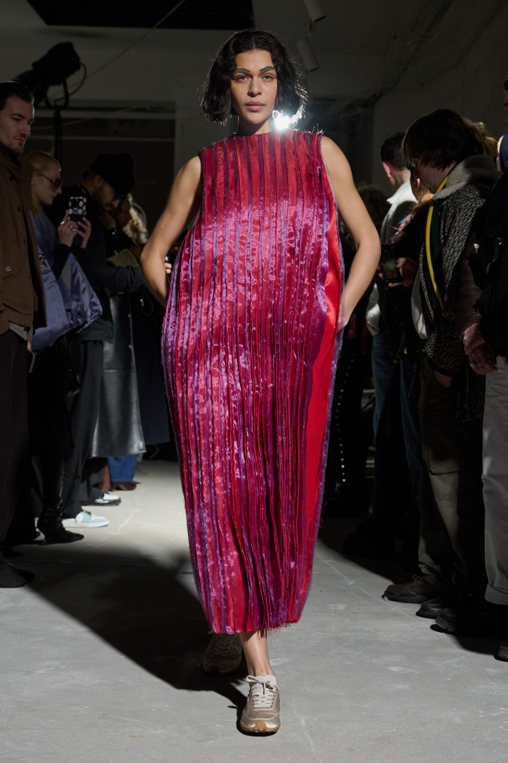 red silk sleeveless high-neck relaxed pleated shiny dress