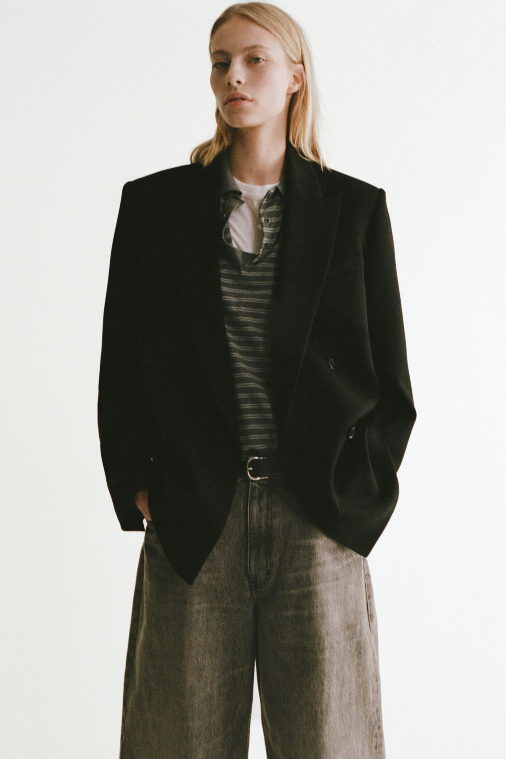 black blazer with striped shirt